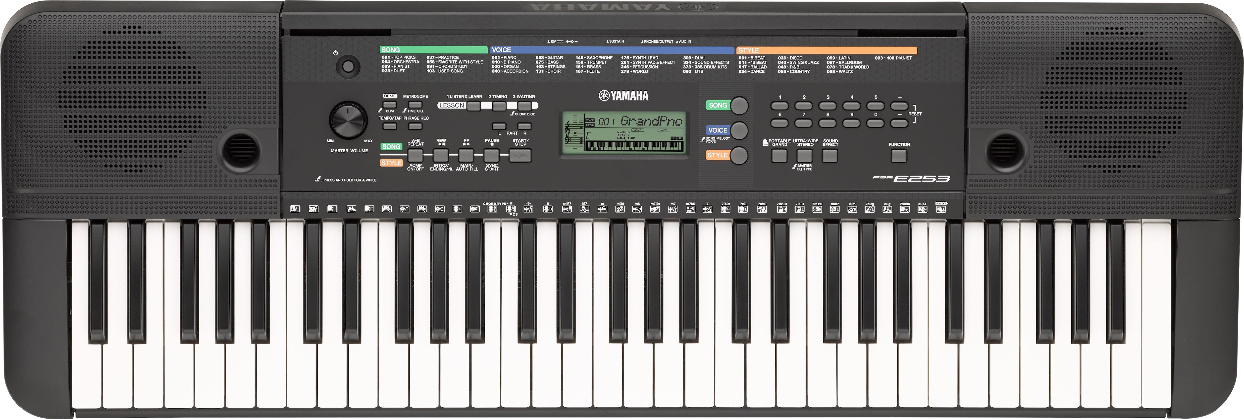 385 high-quality voices, including pianos, guitars, drums and orchestral instruments
Nine-step lesson function (Yamaha Education Suite) helps beginners learn to play songs
Compact, portable body
Connect an external audio source to the AUX IN jack to enjoy playing along with your favorite songs
Use Master EQ to adjust the sound to your preference
100 auto accompaniment Styles provide real-time band backing tracks based on the chords you play
The Yamaha PSR-E253 Portable Keyboard is packed full of great sounds and features, ideal for aspiring musicians who are just starting out. Use the on-board lesson feature, Yamaha Education Suite (Y.E.S.) to learn the 100 preset songs, or take advantage of 385 instrument Voices and 100 Styles to experiment and create your own music. The Aux Line Input turns the PSR-E253 into a speaker system for your MP3 player so you can play along or just listen, all for a very affordable price.