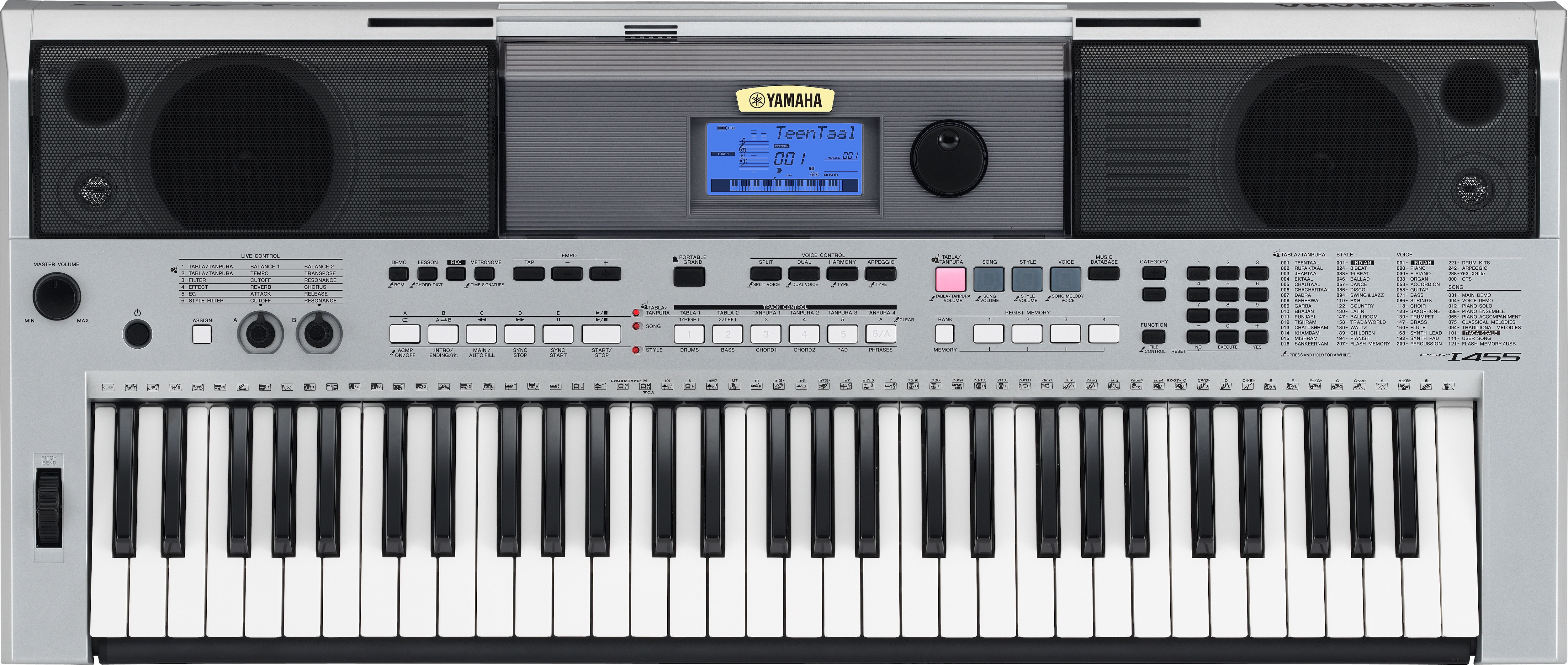 Of the 753 voices and 206 styles built-in, 19 voices feature Indian instruments and 26 styles provide automatic accompaniment ideal for Indian music. Naturally, the electronic Tabla and Tanpura—which are indispensable to this type of music—can also be found here. In fact, this keyboard’s Tabla and Tanpura can be set and played in exactly the same way as stand-alone instruments. What’s more, the PSR-I455 also comes with raga-mode practice songs that can be conveniently used for instrument and voice training.
The PSR-I455 also features a number of enhancements to core functions. It has its own 10- song, 6-track sequencer, as well as a USB TO DEVICE terminal for rapid, convenient storage of songs, styles, and Registration Memory data. Meanwhile, a pair of knob-type controllers provides for more-expressive live performances—for example, they can be used for real-time control of assigned effects such as filters or to modify Arpeggio function patterns, of which 162 different types are included. Not only keyboard playing, but also DJ performances can be made much more dynamic and exciting using these controllers.
The PSR-I455 can replicate a diverse range of instruments and musical genres from countries and regions all over the world, not just India. As such, it is suitable for a great many different types of music.
Whether studying, playing for fun, or performing for others, you will find everything you need packed into the stylish silver and black body of this class-topping super keyboard.