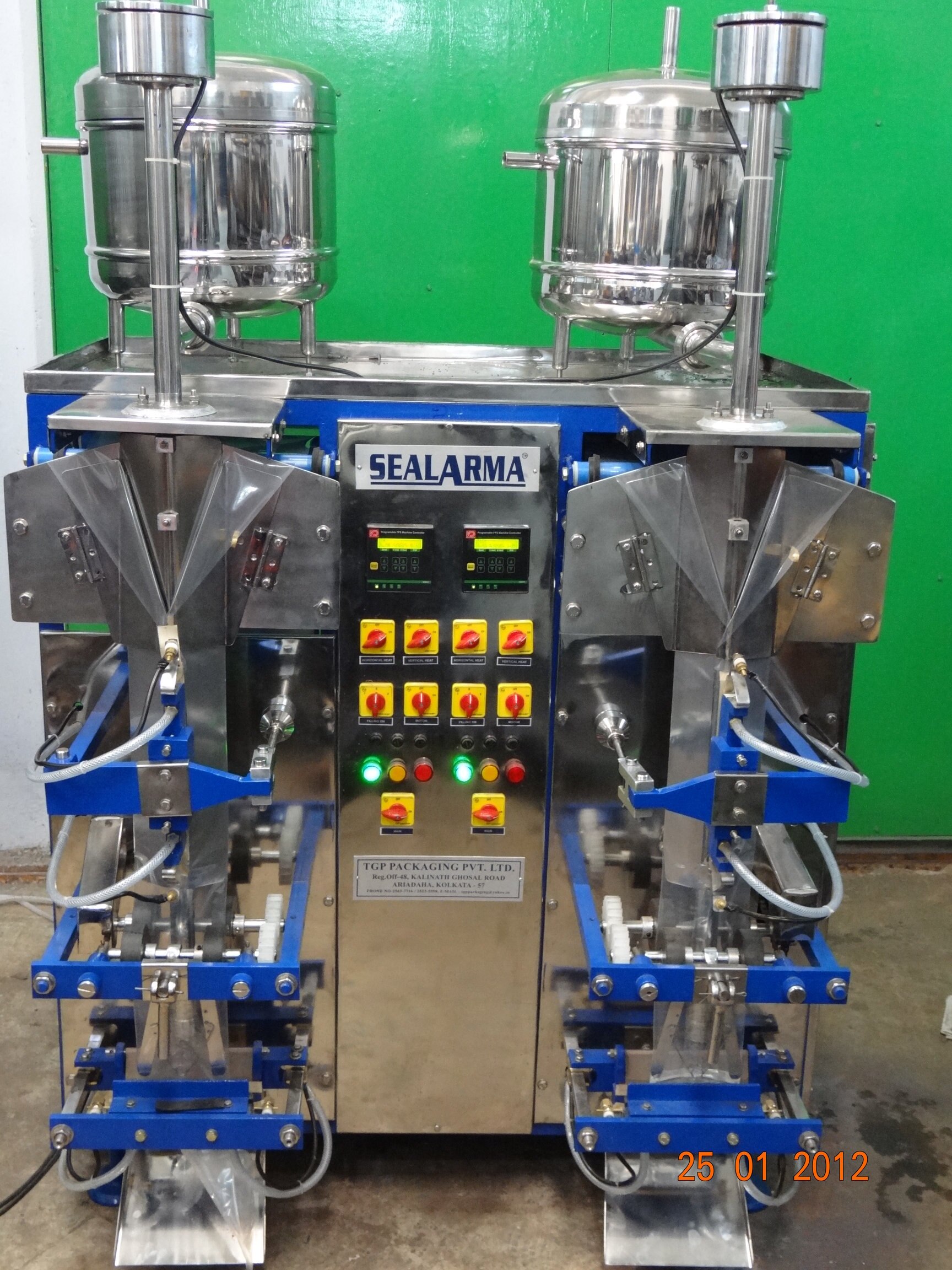 Packaging Items
Any type of free-flow liquid products like MILK, MINERALS WATER, FRUIT JUICE, LASSI, ARRACK etc.
Technical Specification
Out Put – Upto 60 BPM
Filling Capacity – 50 ml -500 ml
Filling Type – Gravity Filler
Sealing Type – Fin Seal/Lap Seal
Packaging Materials –LDPE/ANY HEAT SEALABLE PACKING MATERIALS
Machine Weights – 250 – 350 kg. (APPROX)
