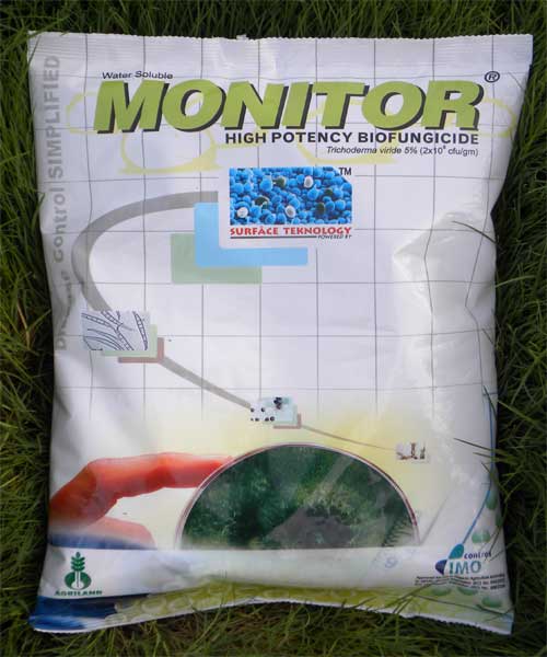 Trichoderma viride
High Potency Biofungicide Trichoderma viride, 2x108 cfu/gm Monitor is a high cfu, high potency biofungicide that works against wilts and rots diseases. Each spore of Monitor is capable of forming a colony that coils fungal pathogens and parasitizes them completely. Apart from effective disease control, Monitor decomposes raw organic farm wastes, solubilizes soil phosphorus, reclaims adverse soils, promotes plant growth and protects soil eco-system. Monitor is water soluble, low dose, high efficacy product. Upon spraying, it leaves no stain on leaves and controls some foliar diseases also.
SPECIALTY
Water soluble, Low dose, High field efficacy and No staining on prayed leaf surfaces
TARGET
Seed and Soil borne fungal diseases and some foliar pathogens on all crops.
SEED APPLICATION
2 gm/kg seeds. Water (ml)/kg seeds is to be fixed by the users. Seed treatment with Monitor protects crops effectively against wilts and rots.
SOIL APPLICATION
250 gm/acre along with drip/flood irrigation or organic substances/manures. Some crops require spray applications.
Monitor is compatible with all Sulphurs and can be even tank-mixed. Do not use Monitor with other chemical fungicides except Sulphur.