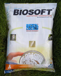 BIOSOFT
Beauveria bassiana, 1x109 cfu/gm
Biosoft is a high cfu, high potency bioinsecticide. Working with broad spectrum activity, it exerts chitin inhibition on insects' cuticles. As soon as the caterpillars and sucking insects come into the contacts with Biosoft, it starts proliferating on insects, inhibits chitin synthesis and kills the target insects' bodies. Noticeably, Biosoft fungus grows rigorously on insects and forms mummies which spread disease epizootics among insects appearing at later stages. This makes sprays effective and cross-infective for longer period, thereby reduces the cost significantly.Biosoft is water soluble, low dose, high efficacy product. Upon spraying, it leaves no stain on leaves and can be tank-mixed with half doses of chemical insecticides and all sulphur based fungicides.
SPECIALITY
Water soluble, Low dose, high field efficacy, no staining on sprayed leaf surfaces and can be tank-mixed with half doses of chemical insecticides and all Sulphur based fungicides.
TARGET
All caterpillars, mealy bugs and all other sucking insects.
APPLICATIONS
Spray Biosoft @ 1 gm/litre water for the control of all caterpillars, mealy bugs and other sucking insects. Drench Biosoft in soil @ 1 gm/litre for soil inhabiting insects. Do not tank-mix chemical fungicides. Apply Biosoft and Monitor as cocktail application, when crop is attacked by insects and black sooty mold at the same time. Use Runoff-100 @ 5mI/15 Itr water along with Biosoft for better results.
BIOSOFT-MONITOR COCKTAIL APPLICATION
When Mango, Citrus, Grapes, Cotton and other crops are attacked by sucking insects, hoppers, mealy bugs etc. with simultaneous attack of black sooty mould, apply Biosoft and Monitor both by tank-mixing 125 gm each one along with 200 litre water to control insects and mould just by single spray.
Use APNA-80 5ml/15 litre water along with Biosoft for better results