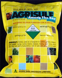 AGRISULF
Sulphur 80% WDG
Fungicide and Miticide
Spray Dosages
4-5 gm/litre water (1 kg/acre