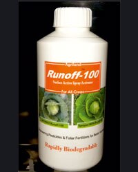 RUNOFF-100
Surface Active Spray Adjuvant
Runoff-100 is nonionic, colourless, slightly viscous and biodegradable solution that enhances the activity of insecticides, fungicides, weedicides, foliar fertilizers and plant growth regulators by spreading them uniformly, sticking rigorously and activating violently.
Runoff-100 reduces the surface tension of water thereby helping in fast and uniform coverage of pesticides, enhances their sticking properties and increases the activities through fairly good penetration and translocation of pesticides in plant system even at lower dosages.
Pesticides do not run off, even if it rains after spray.
Persistence of pesticides increases on waxy and hairy leaves.
Runoff-100 works very well even at pretty low dose. Add just 5 ml of Runoff-100 in 15 lit water tank and mix with recommended dose of pesticides or other spray product
Runoff-100 is a tried and tested product at National Horticultural Research and Development Foundation, Nashik, Gujarat Agricultural University, Anand and Mahatma Phule Krushi Vidyapith, Rahuri.
Runoff-100, because of its Nonionic constituents, does not contain any ion like Sodium, Calcium, Magnesium, Chlorine, carbonate, bicarbonate etc. which have negative bearing with the normal functioning of the crop plants.
How Runoff-100 is better than other ionic surfactants
Ionic surfactants contain only 12-13 %w/v of surface active agents and that too of ionic nature while that of Runoff-100 contains 80 % w/v as surface active agent in NONIONIC form.
Ionic surfactants contain 37-38% synthetic ester resin also , which may react with spray admixture candidates like chemical pesticides, fungicides, fertilizers etc. Runoff-100 is free from any synthetic resin like chemicals.
Ionic surfactant may not be stable in alkaline, acidic formulation as it contains resin, which may be hydrolyzed in some pH conditions, Runoff-100 can not be reactive in any pH conditions.
Runoff-100 is biodegradable while that of ionic surfactants, they do not get degraded biologically.
Runoff-100 contains more powerful non-ionic surfactant than other similar products so as to enable inputs spread and activate faster.
Other similar products are biodegradable while Runoff-100 is partially biodegradable and there by works, retains pesticides for longer time. This is how it is effective for longer period than other similar formulations.
Runoff-100 is cost effective
Runoff-100 as Spreader : Provides more uniform spray deposit on plants, improves coverage of herbicide and fungicide sprays.
Runoff-100 as Activator : Through wetting action, it helps improve performance of post-emergence herbicides, insecticides and fungicides. Increases water penetration, percolation and spreading in soil strata. Aids irrigation by increasing rate at which water soaks into soil. Promotes water use efficiency. Reduces irrigation water run-off.
Field Dosage
Apply Runoff-100 @ 5-10 ml/15 litre water along with all spray inputs.