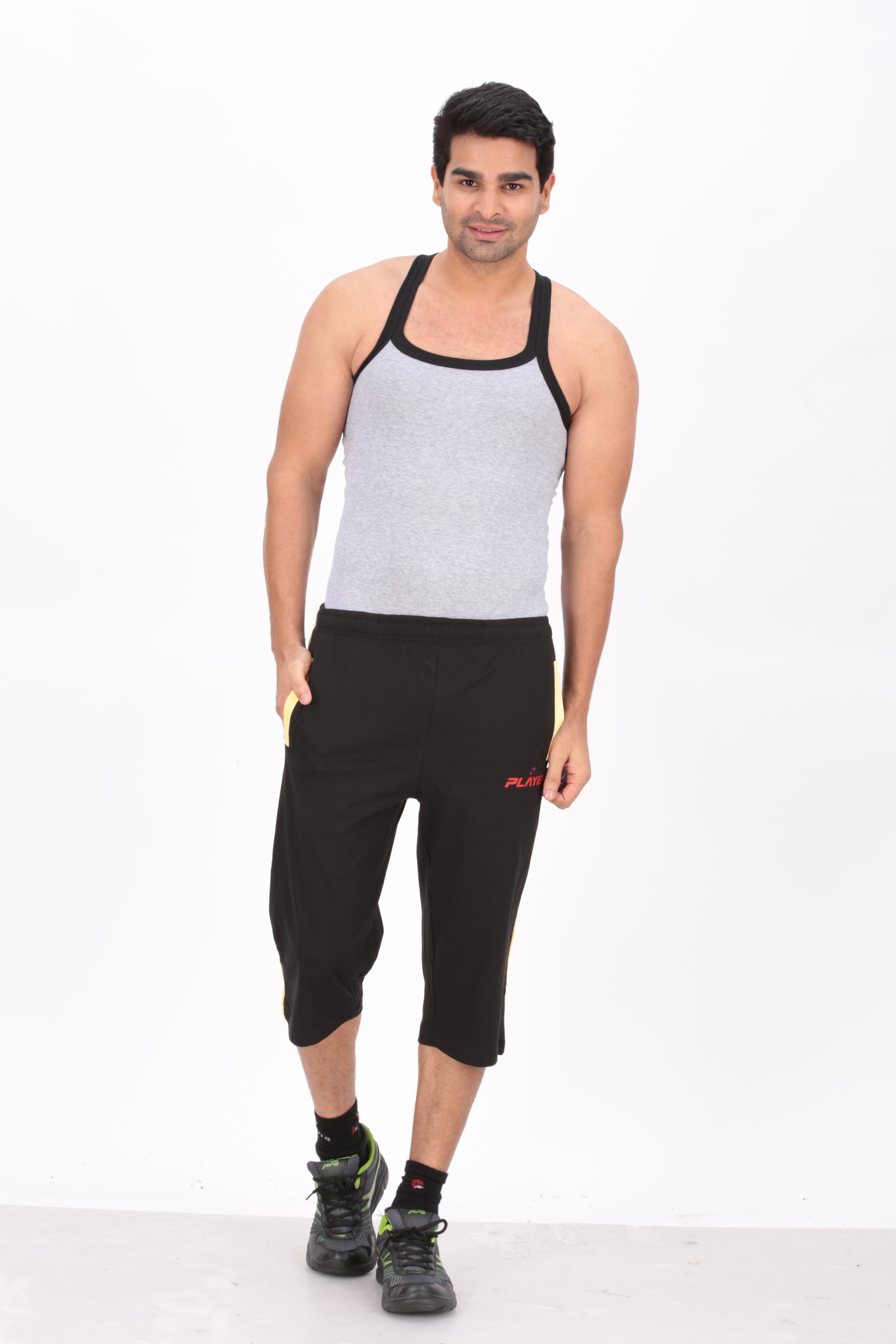 South Cotton Fabs Manufacturing Three Fourth Pant Black Yellpw Tip