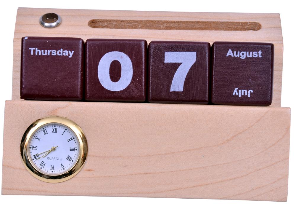 DW 5201 is Wooden Desk Top Calendar with Clock, Pen Stand and Visiting Card Holder.It is best giveaways and brand promotion idea. It is manufactured by Dewani Pen Products in Malad (W), Mumbai, India.
