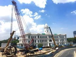 Chennai Metro Rail Limited , CMRL, This is a picture of the TBM(Tunnel Boring Machine) Erection at Chennai Central Station near Rippon Building. Weight of the TBM is 120 Tons and erected at a radius of 24 meters