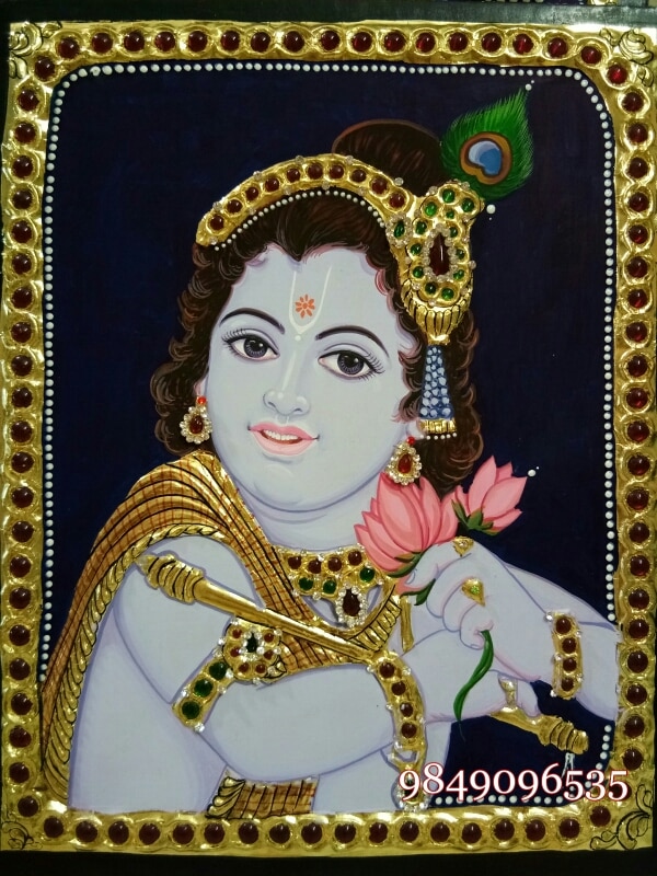 Tanjore painting krishna stones work and with gold work