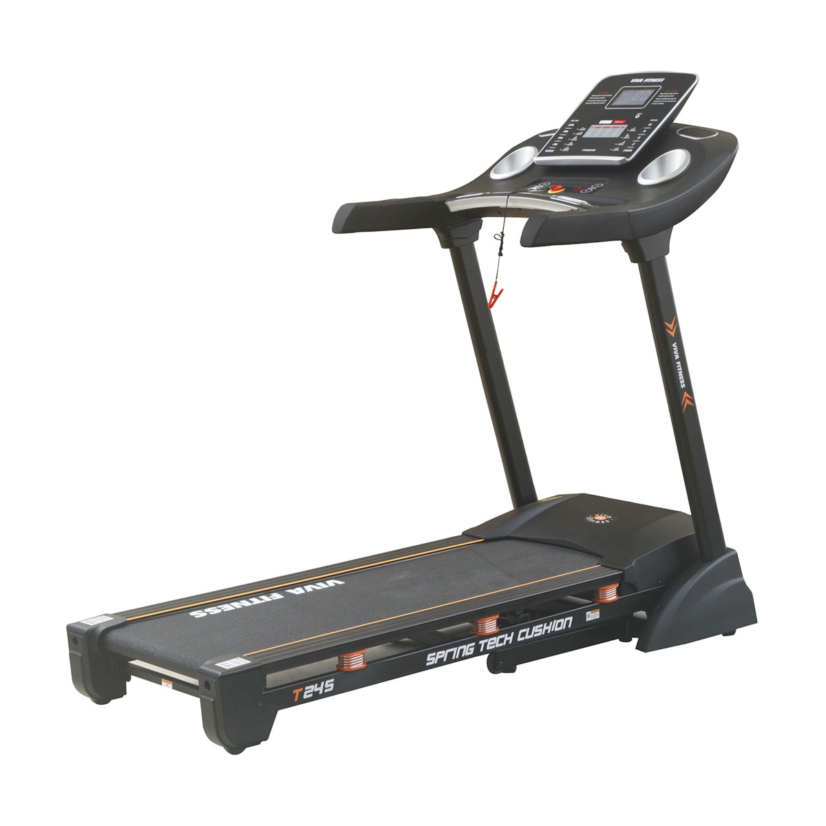 DC Motor : 4.5 HP peak duty (2.25 HP continuous)
Speed Range : 1 ~ 18 kmph.
Incline : 0 ~15%.
Running surface : 17 x 51 inches
Display : 5 large LCD window
Programs : 12 programs with body fat tester
Readout : speed, time, body fat, calories, distance & pulse.
Speakers to connect with Mp3 or Ipod.
Speed / Incline switch buttons on handle bars.
Emergency stop button.
Wheels for transportation.
Heavy duty running belt.
Large cup holders.
Cylinder provide hand free deck folding down.
Foldable with locking system.
Easy Installation.
Maximum User Weight: 115 Kgs