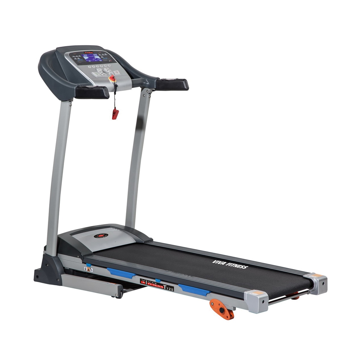 DC Motor : 4 HP peak duty (2 HP continuous)
Speed Range : 1 ~ 14 kmph
Incline : 3 level manual
Running surface : 16 x 49.5 inches
Display : 1 large LCD window
Programs : P1 ~ P9
Readout : speed, time, calories, distance & pulse
Has innovative feature of counting steps taken
Speakers to connect with MP3
FM radio
Speed switch buttons on handle bars
Emergency stop button
Wheels for transportation
Heavy duty running belt
Large cup holders
Cylinder provide hand free deck folding down
Foldable with locking system
Easy Installation
Maximum User Weight: 100 Kgs