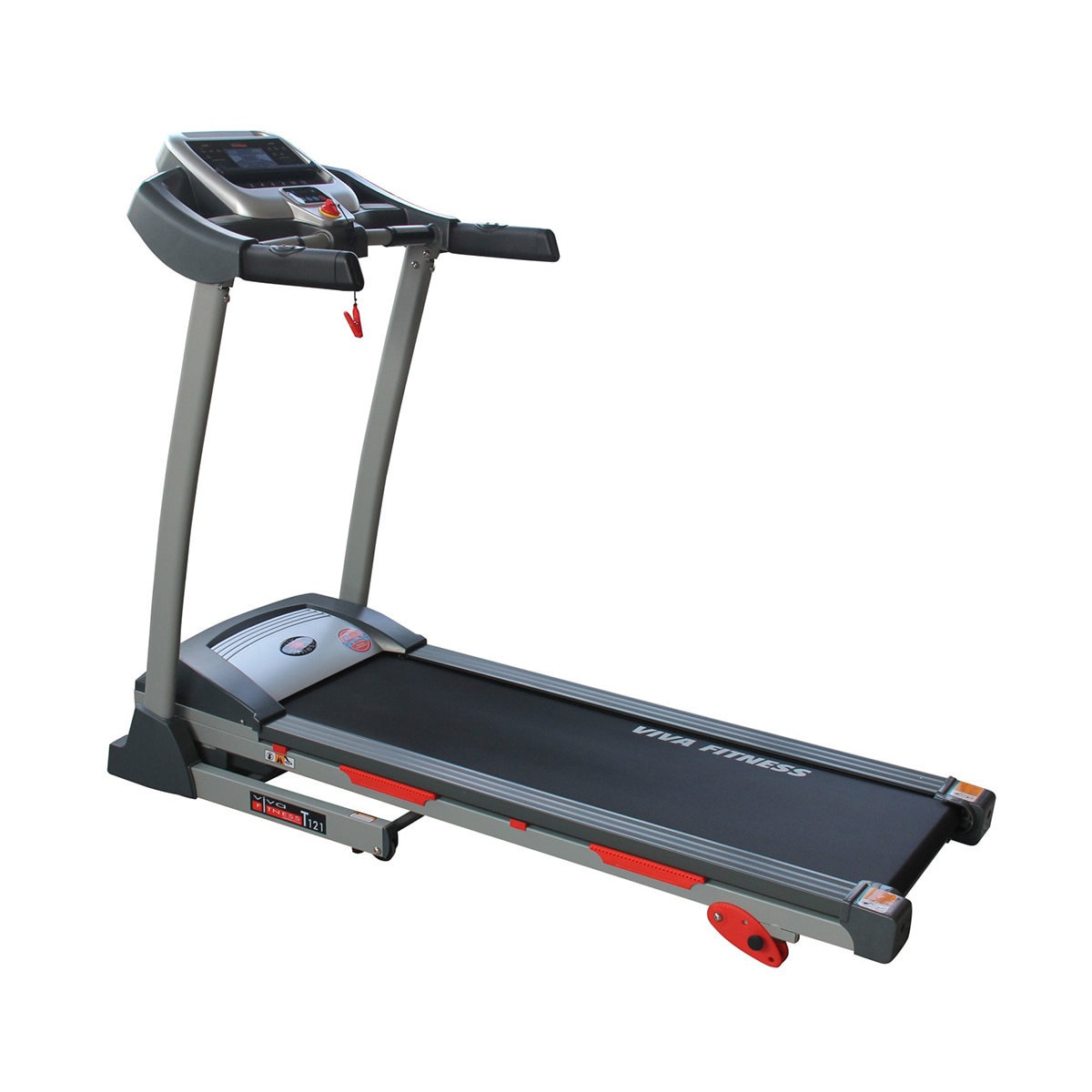 DC Motor : 4 HP peak duty (2 HP continuous)
Speed Range : 1 ~ 14 kmph
Incline : 3 level manual
Running surface : 16 x 49.5 inches
Display : 1 large LCD window
Programs : P1 ~ P9
Readout : speed, time, calories, distance & pulse
Has innovative feature of counting steps taken
Speakers to connect with MP3
Speed switch buttons on handle bars
Emergency stop button
Wheels for transportation
Heavy duty running belt
Large cup holders
Cylinder provide hand free deck folding down
Foldable with locking system
Easy Installation
Maximum User Weight: 100 Kgs
