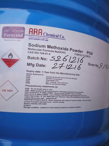 Sodium methoxide is a chemical compound with the formula CH3ONa. This colorless solid, which is formed by the deprotonation of methanol, is a widely used reagent in industry and the laboratory.
Available in 100kg Drum packing.