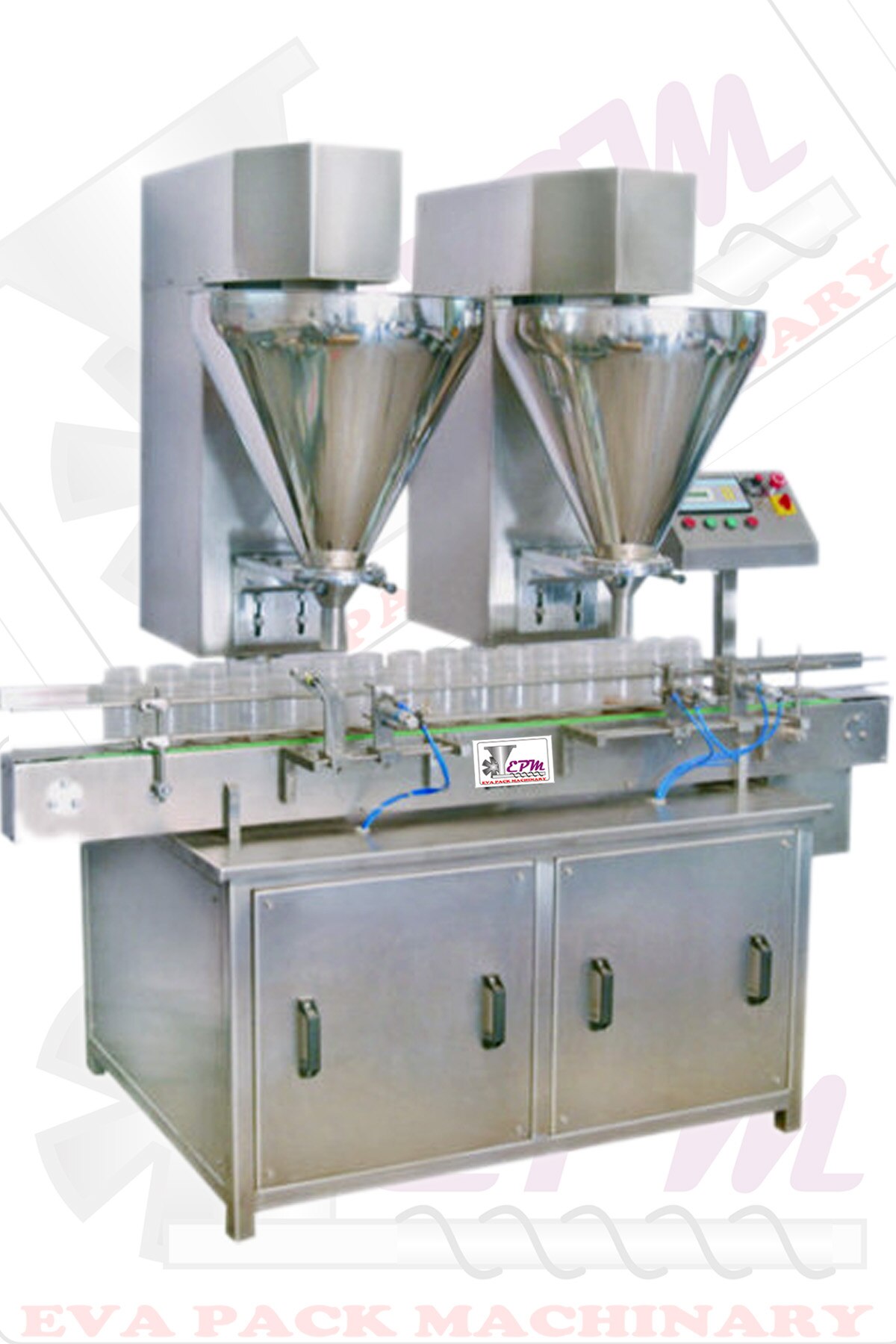 FEATURES:
• Total Compact GMP model.
• All parts and assemblies coming in contact with powder and rubber stopper are made of S.S.304 and easily removable for mandatory Autoclaving/ Sterilization.
• “NO BOTTLE, NO FILL” System eliminates wastage of costly powder.
• Conveyor driving is through High quality imported Gear motor
• Machine speed can be adjusted by A.C. Frequency drive, which is time saving.
• Machine is provided with Delran conveyor belt to avoid sticking of vial on conveyor.
• star wheel(induces) bottle holding system is connected with auger rotation, which eliminates
chances of bottle transfer before completion of filling operation.
• Timer based control for the machine.
• Imported Gear Motor for Conveyor drive.
• A.C. Frequency drives for Conveyor drive.
APPLICATION: Any type of powder/granules. Fill Non-Free Flowing Powders
Chemicals, dry powder, Pharmaceutical Powers, Food & Beverages, Cosmetics
Ayurvedic, Etc.
CONTCT PARTS: S.S.304
OUT PUT: 10-35Fills/minute. (Depending upon the material characteristic,
And filling volume).
ACCURACY: +- 2%.
HOPPER CAPACI TY: 25Kgs.
FILLING VOLUME: 10gm to 50gms. (With different size of augur and funnel).
POWER: Three phase 440v. 1h.p.
CONVEYOR: 6 feet
POWER: 1 h.p. ac drive 220vt.
NET WEIGHT: 380kgs. Approx