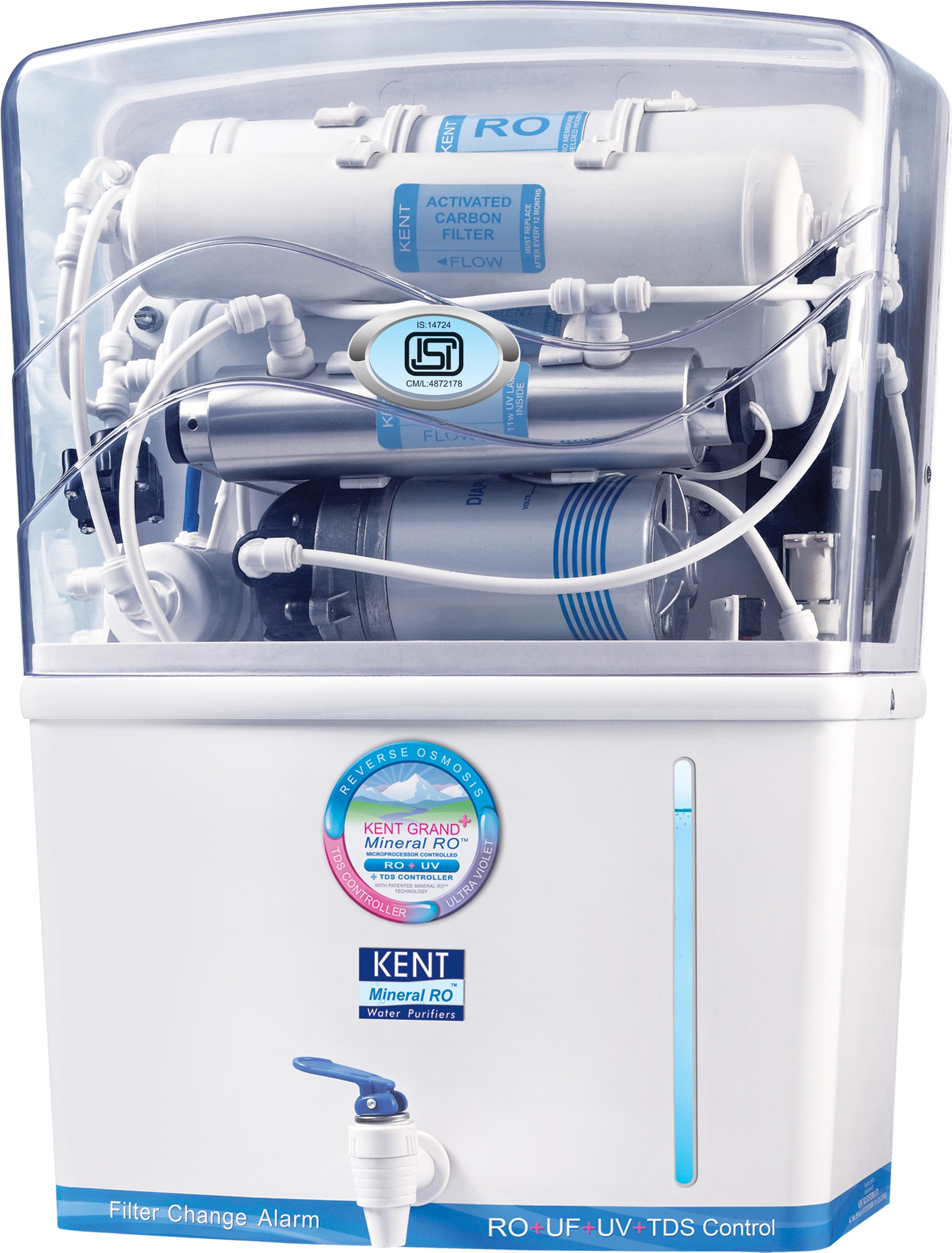 Kent's patented Mineral ROTM technology provides double purification of RO+UV+UF which removes even the dissolved impuritiessuch as chemicals and salts
FEATURES:
-Wall Mounted Easy Installation
-Storage Capacity 8 litres
-Double Purification by RO and UV/UF with TDS controller
-Non Breakable and Durable Filter Body
-Purification Production Rate: 15 litres/hour
-Maximum Duty Cycle for purification: 75 litres/day
-Filter Change and UV fail Alarm Notification
-Free Installation
-Warranty for A year provided