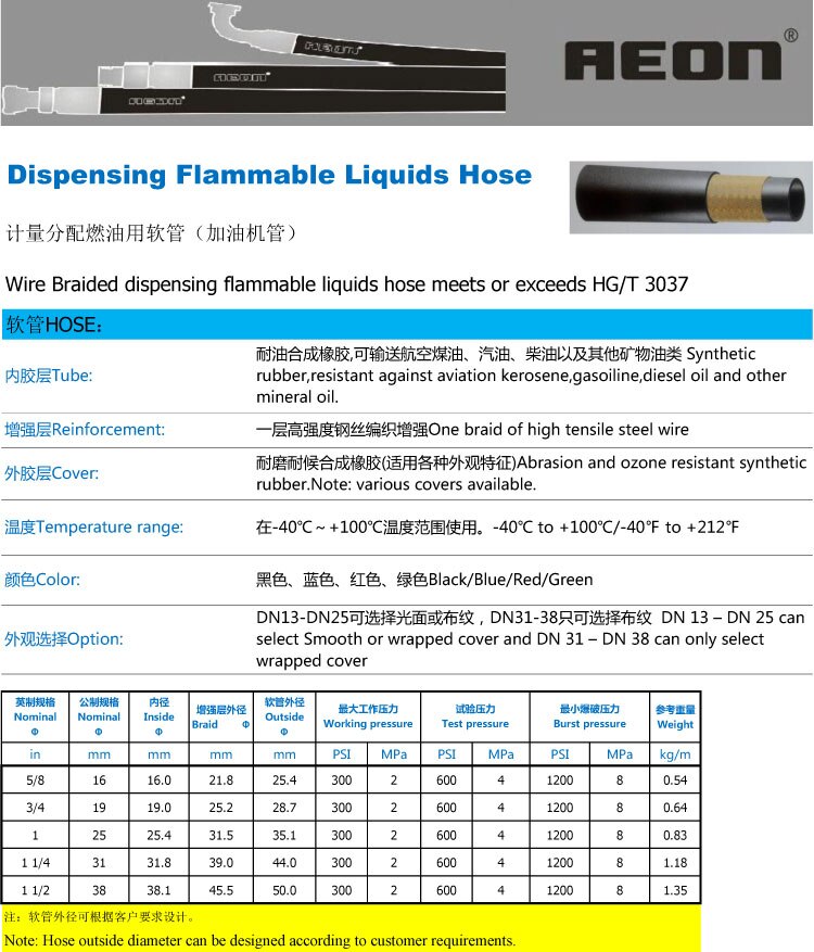 WIRE BRAIDED DISPENSING FLAMMABLE LIQUIDS HOSE MEETS OR EXCEEDS HG/T 3037