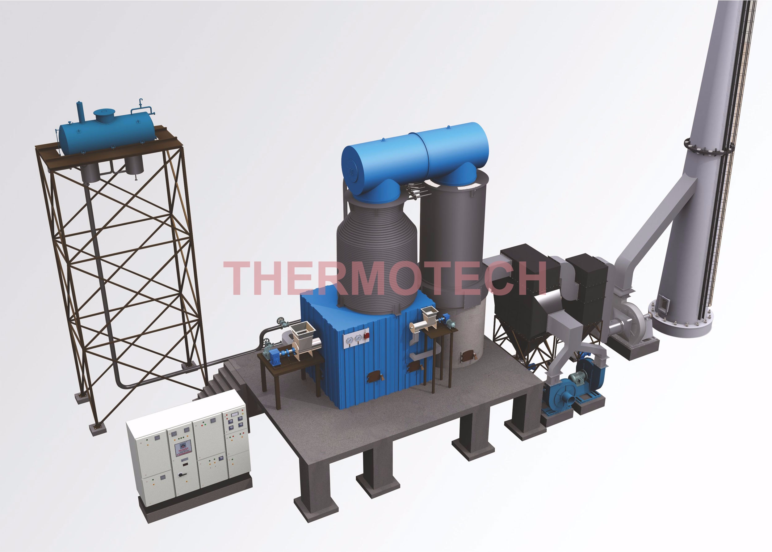 Salient Features of This Model
Furnace is designed for multi fuel options, with major thrust on proper selection of combustion grate, furnace height, combustion volume, fuel feeding systems. To ensure efficient combustion & lesser heat loss.
Coils are designed with optimum flow consideration to gain maximum heat from flue gases. Coils are tested at 3 stages before final dispatch as a part of Thermotech’s stringent quality control.
ID Fan, FD Fan & booster fan (in any) are selected as per fuel’s perfect air-fuel ratio requirement, which ensures optimum air quantity for combustion & thus saves power consumption.
Expansion Tank capacity is specifically selected after consulting total holdup of Thermic Oil. Deaeration Tank is specially designed considering flow & temperature requirement.
Thermotech offers complete solution of Thermic Fluid heating system along with Pipeline, Pollution control equipments, fuel handling, etc on Turnkey basis.
Auto Controls & Safety
1. Thermic Fluid Temperature control
Digital temperature indicator-cum-controller cut of ID/FD fan of preset temperature and restart of preset temperature and restart of preset differential temperature to maintain system temperature.
2. Stack Temperature Control
A blind temperature controller cut of ID/FD fan and sound alarm if stack temperature exceeds to preset temperature.
3. Low/NO Flow of Thermic Fluid
Differential pressure switch connected across intel and outlet headers signals low flow alarm in case of low fluid pressure of Thermic fluid in coils.
4. Low Level of Thermic Fluid
The visual level indicator and float actuated lever switch fitted in expansion tank signals alarm in case of low level thermic fluid in the system.
5. Thermic Fluid Pump Motor Trip
In case of thermic fluid pump motor trip, electrical interlocks, cut off ID/FD fan.
6. Power Failure
Diesel engine drive keeps thermic fluid moving in the system to prevent its degradation and overflow.
7. Excess Furnace Bed Temperature
Digital temperature indicator-cum-controller senses furnace bed temperature and cut off ID/FD fan above set value(for FBC unit).
Benefites :
Multi-Fuel Option
Low Power Consumption
Energy Optimization
Low Maintenance