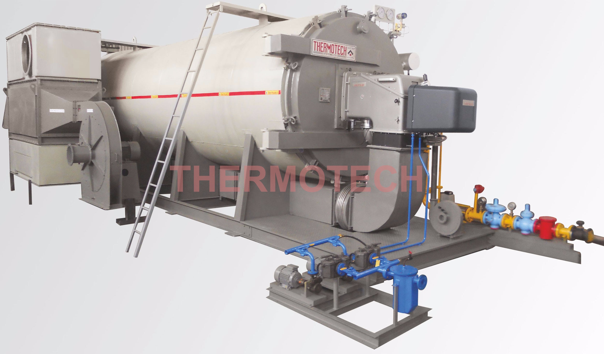Thermotech” : Thermic Fluid Heater’s are available in Horizontal & Vertical Models where in thermic fluid can be heated up to normal 340 oC at near atmospheric pressure with efficiency as high as 92% on GCV of Oil and Gas fuel.
Thermic Fluid Heater Capacity = 0.1 MKcal/hr to 15 MKcal/hr
Maximum Temperature = 370 Deg. C
Application:
Chemical, Textile, Technical Textile, MDF and Particle Board, Plywood and Laminates, Oil & Gas, Packaging, Rubber, Pharmaceuticals, Food Processing, Metal, etc...
Fuel to Handle : Furnace Oil, LDO, Diesel, N. Gas, LPG, Hydrogen, etc..
Quality Assurance : ISO 9001 : 2008 since more than 7 years.
Thermic Heater - Gas Oil / Fired Burner
“THERMOTECH” : THERMIC FLUID HEATER’S are available in HORIZONTAL & VERTICAL MODELS where in thermic fluid can be heated up to normal 340 oC at near atmospheric pressure with efficiency as high as 92% on GCV of Oil and Gas fuel.
The Main Heat Exchanger is designed with an integrated combustion chamber made out of High Heat Resistant Steel Tubes : BS 3059 P-1 or Seamless Pipes : SA106 Gr.B S40 of adequate size, explicitly designed with twin concentric multi start helical coil. The Coil is inserted into M.S. Shell with structures supports to place complete assembly leveled.
The system is 3 pass on flue gas side, which ensures optimum heat transfer with counter current flow principle. The combustion chamber is designed to maintain safe distance between coil tube surface and burner flame, which ensures optimum heat transfer, long thermic fluid life due to lesser film temperature & safety of helical coil tube, which ultimately safeguards the complete heat exchanger.
HORIZONTAL UNIT WITH EXTERNAL AIR PRE HEATER
This new “HT” series of Thermic Fluid Heater – Horizontal model is improved version, which have demonstrated their good design & to which new Technologies & Materials are added to improve efficiency up to 93%, energy saving, simplify the maintenance, low smoke emission & able to integrate with PLC & SCADA system with ease.
The Stack Heat from Exhaust flue gases of Main Heat Exchanger are recovered by means of Combustion Air Pre Heater (CAPH) & fresh combustion air is preheated before going to burner, which improves combustion efficiency, reduces stack temperature, reduce fuel consumption & save environment.
THE COMBUSTION FUELS :
“THERMOTECH” : Thermic Fluid Heaters are designed for all commercial & special fuels available in market for combustion.
Fuels like : Kerosene / Diesel / Light Diesel Oil (LDO-LFO) / Furnace Oil (HFO) / Natural Gas / LPG / Pipeline N. Gas, etc. are combustible with same efficiency, which is thankful to our combustion experts who designs combustion parameters & Air to fuel ratio for best output.