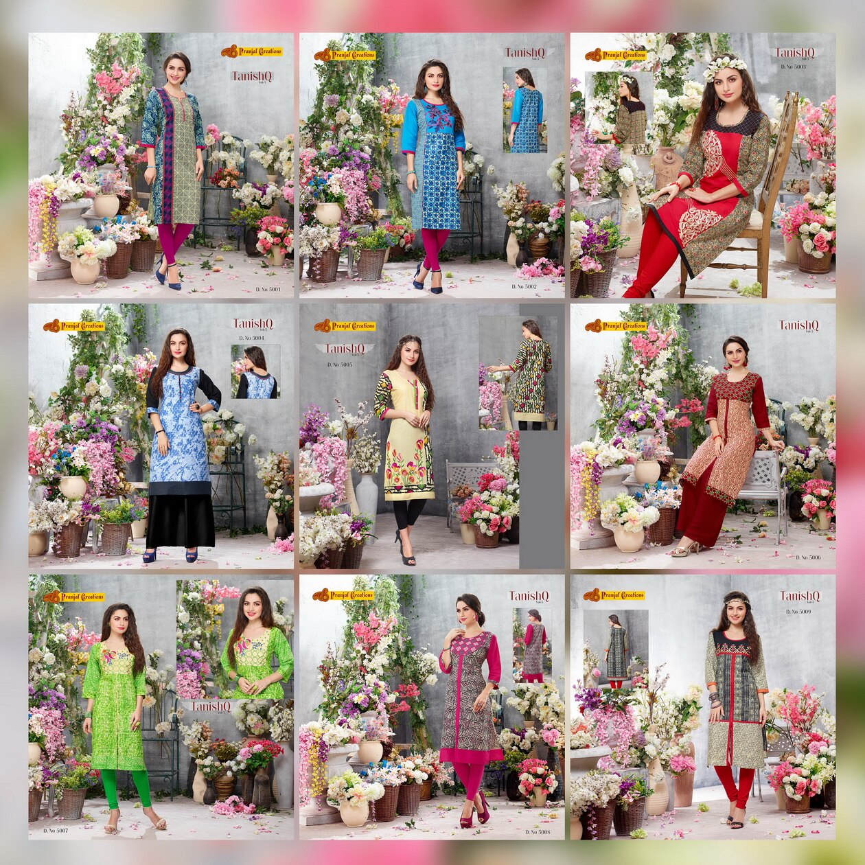 Pranjal Creations achieved one more miles stone in TANISHQ Catalogue sequence. We are happy to announce launching of new catalogue TANISHQ VOL.5. This Kurtis are specially made for all season. The enriched Pure Printed Cotton fabric is very comfortable to the wearer. Mix and Match Prints with embroidery work looks very excellent. The catalogue is available in 9 different colour and designs. The Sizes available is L, XL and XXL