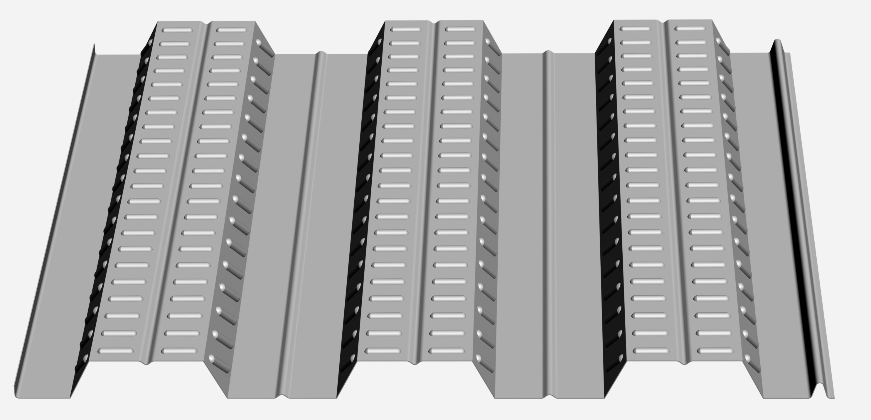MxDeck54 is an innovative steel decking profile, which is an ultimate lightweight system for all multirise buildings. MxDeck54 acts as a form for the concrete and is designed so that no or minimum propping is required. MxDeck54 is designed for the use with structural concrete and is manufactured with mechanical embossments in the webs to create mechanical and chemical bond between the steel deck and the concrete.
The composite action allows the deck to serve as the tensile reinforcement for positive bending in the slab, which is significantly reduces or eliminates the need for rebars in the slab and lowers material and labor costs. The strength and durability of the steel provides a solid platform for construction on top of open web joists, structural steel, light gauge framing or masonry walls.