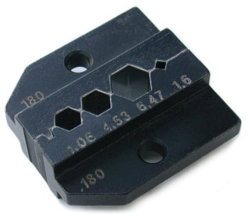 Crimp tool die for HX-R-BNC
Pin crimping: 1.60 mm
Shield and jacket: HEX crimp 6.47 mm (A), 4.53 mm (B), 4.06 mm (C)..