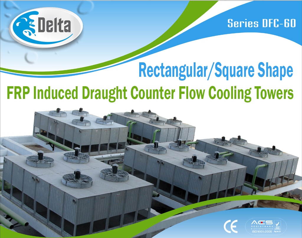 Delta’s DFC-60 Series Cooling Towers utilize the induced draught counter flow principle of operation. Heated water enters via the hot water inlet passing through perforated branch pipes spreading the water evenly by the splash caps. Water is distributed over the heat exchange fill. Water flows as a thin film downward through the fill coming into direct contact with ambient air traveling upwards in a counter flow direction.
Water cooling is affected by heat transfer to the air in the form of evaporation and convention. To prevent carry – over of water droplets by the fan, drift eliminators are mounted above the water distribution. The drift eliminator controls drift loss to less than 0.02 % of water in circulation.
Great flexibility is introduced by multi-cell cooling towers which can be tailored to meet individual cooling requirements and conditions. This design also assures a high degree of availability.