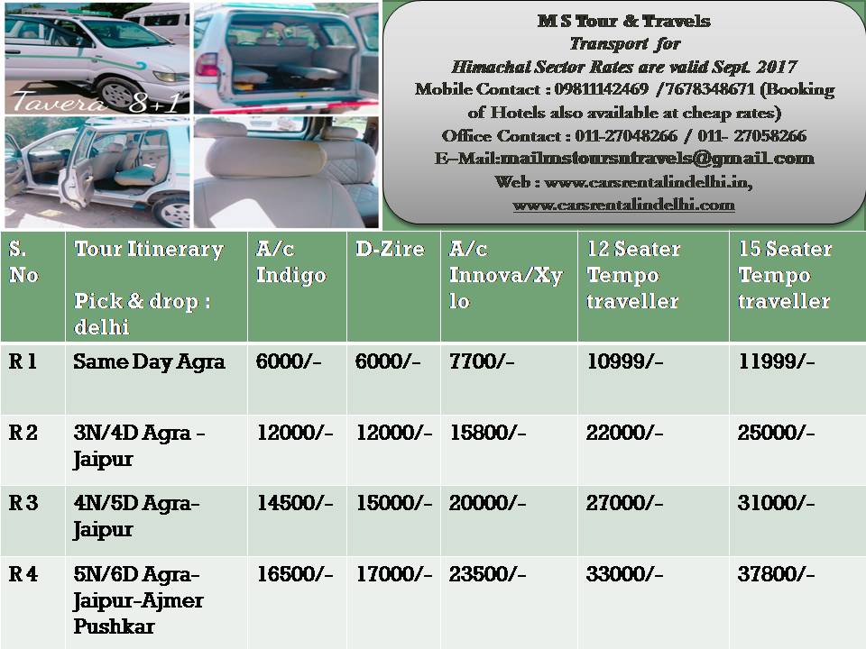 Terms & Conditions:-
All Toll, State Tax & Parking charges are included.
If government hike Diesel/Petrol price, then cost will increase without any notice.
All Rates are subject to availability.
In These Rates (ROHTANG PASS in Manali) are not Included.
Note :- service tax :- 6% Extra