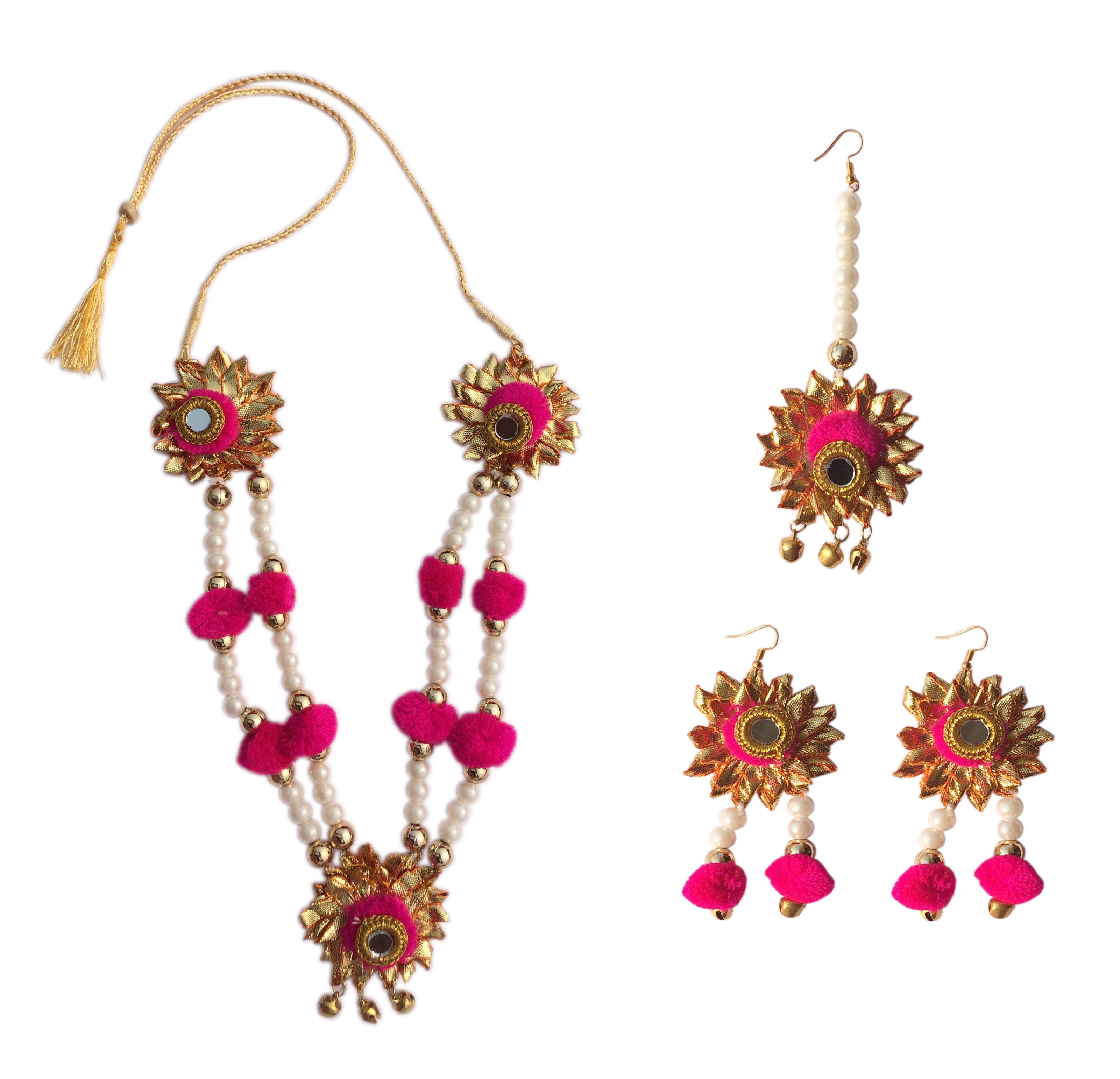 Gotta Patti Full Set {(1) Gotta patti Necklace (2) Gotta patti Ear Ring (3) )Mang Tikka }
Occasion: Mehendi, Pre-Wedding Pooja, Wedding Day.
Light weight jewellery
Images Shown of actual product . There may be slight variation in the color & texture being hand crafted , & due to photographic effect.All items must be sold/purchased /returned altogether.