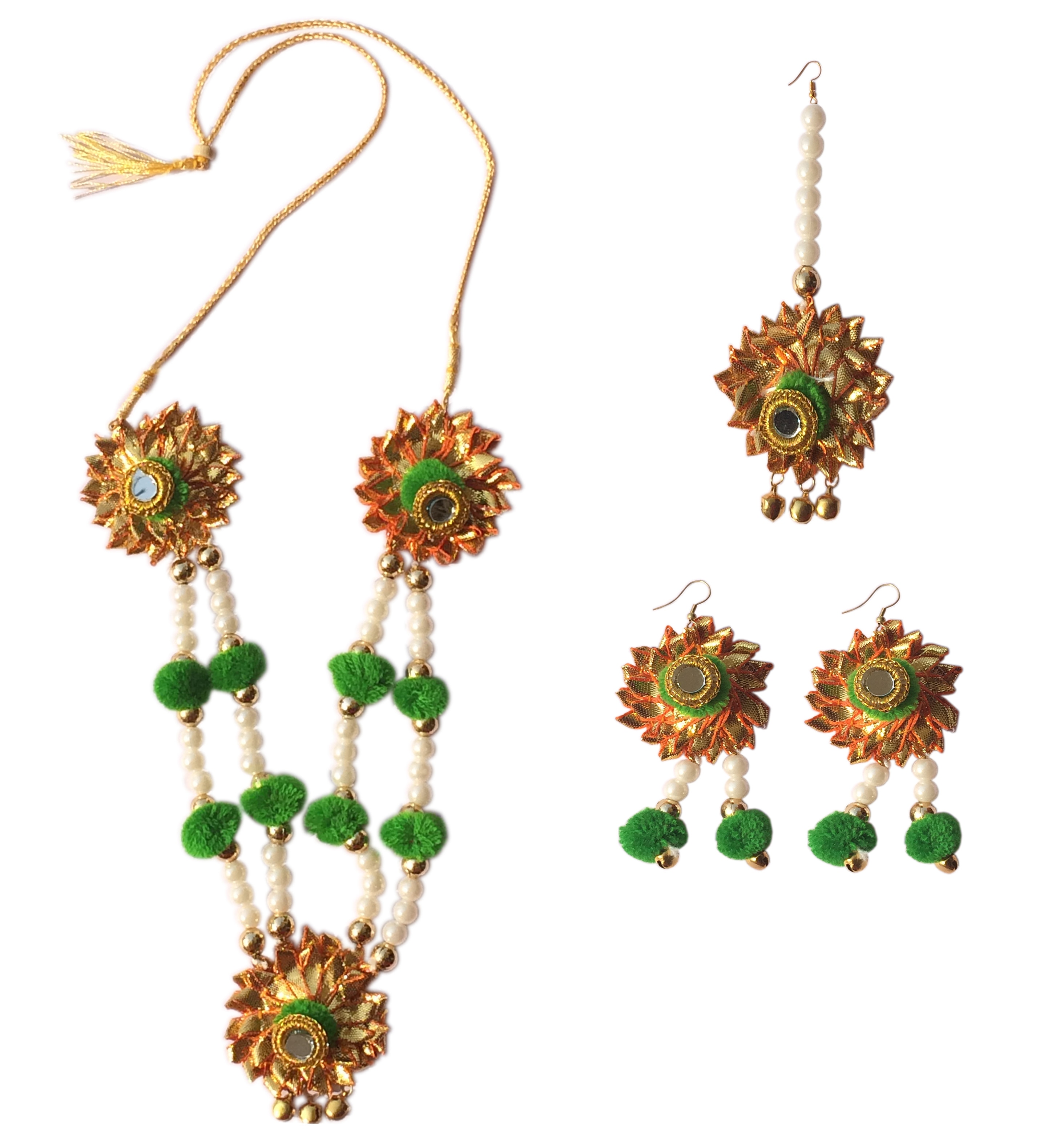 Gotta Patti Full Set {(1) Gotta patti Necklace (2) Gotta patti Ear Ring (3) )Mang Tikka } Occasion: Mehendi, Pre-Wedding Pooja, Wedding Day. Light weight jewellery Images Shown of actual product . There may be slight variation in the color & texture being hand crafted , & due to photographic effect.All items must be sold/purchased /returned altogether.
