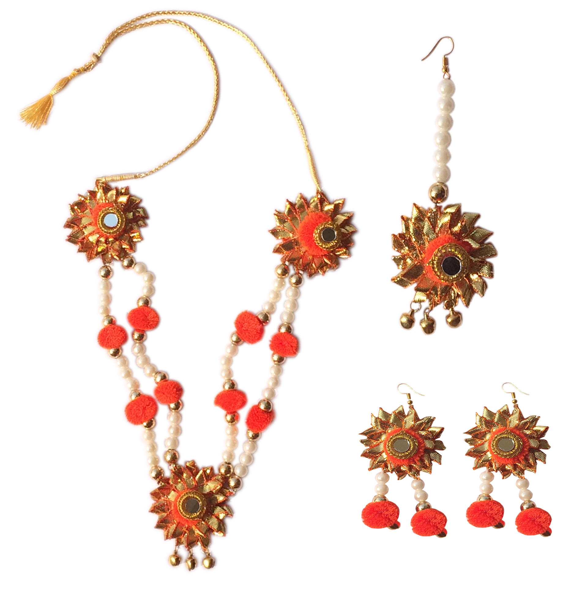 Gotta Patti Full Set {(1) Gotta patti Necklace (2) Gotta patti Ear Ring (3) )Mang Tikka } Occasion: Mehendi, Pre-Wedding Pooja, Wedding Day. Light weight jewellery Images Shown of actual product . There may be slight variation in the color & texture being hand crafted , & due to photographic effect.All items must be sold/purchased /returned altogether.
