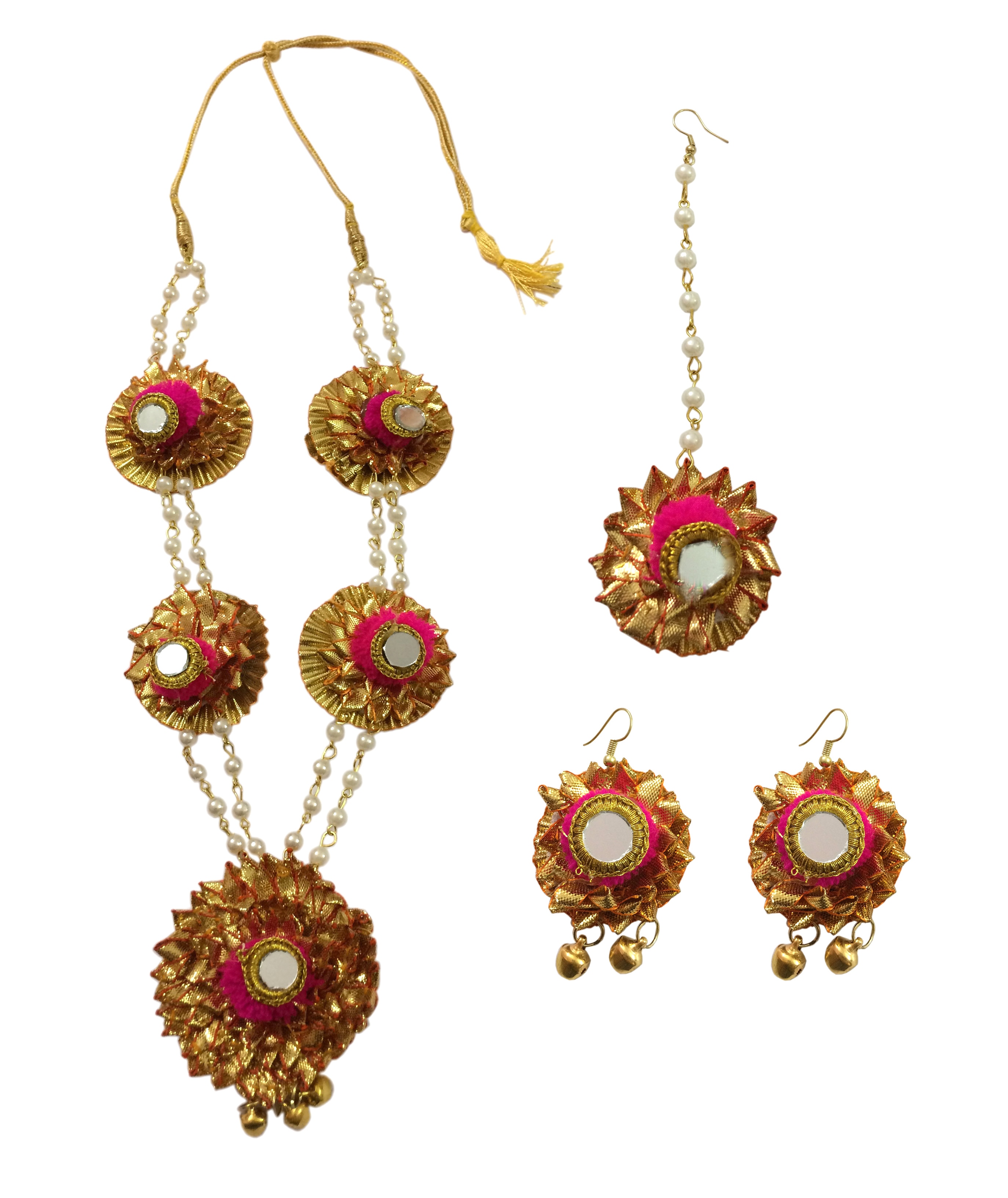 Gotta Patti Full Set {(1) Gotta patti Necklace (2) Gotta patti Ear Ring (3) )Mang Tikka }
Occasion: Mehendi, Pre-Wedding Pooja, Wedding Day.
Light weight jewellery
Images Shown of actual product . There may be slight variation in the color & texture being hand crafted , & due to photographic effect.All items must be sold/purchased /returned altogether.
