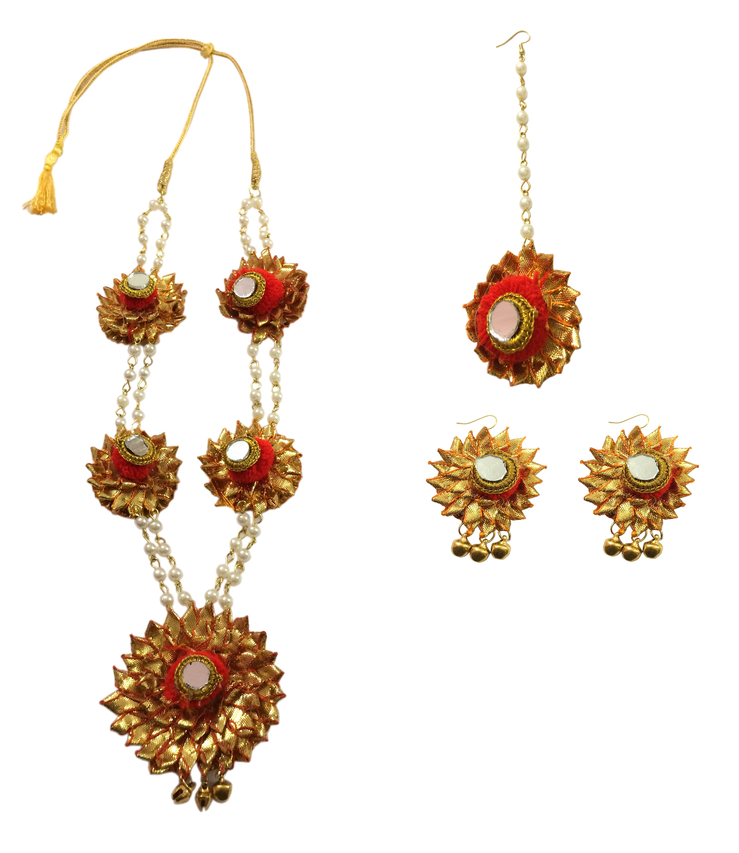 Gotta Patti Full Set {(1) Gotta patti Necklace (2) Gotta patti Ear Ring (3) )Mang Tikka }
Occasion: Mehendi, Pre-Wedding Pooja, Wedding Day.
Light weight jewellery
Images Shown of actual product . There may be slight variation in the color & texture being hand crafted , & due to photographic effect.All items must be sold/purchased /returned altogether.