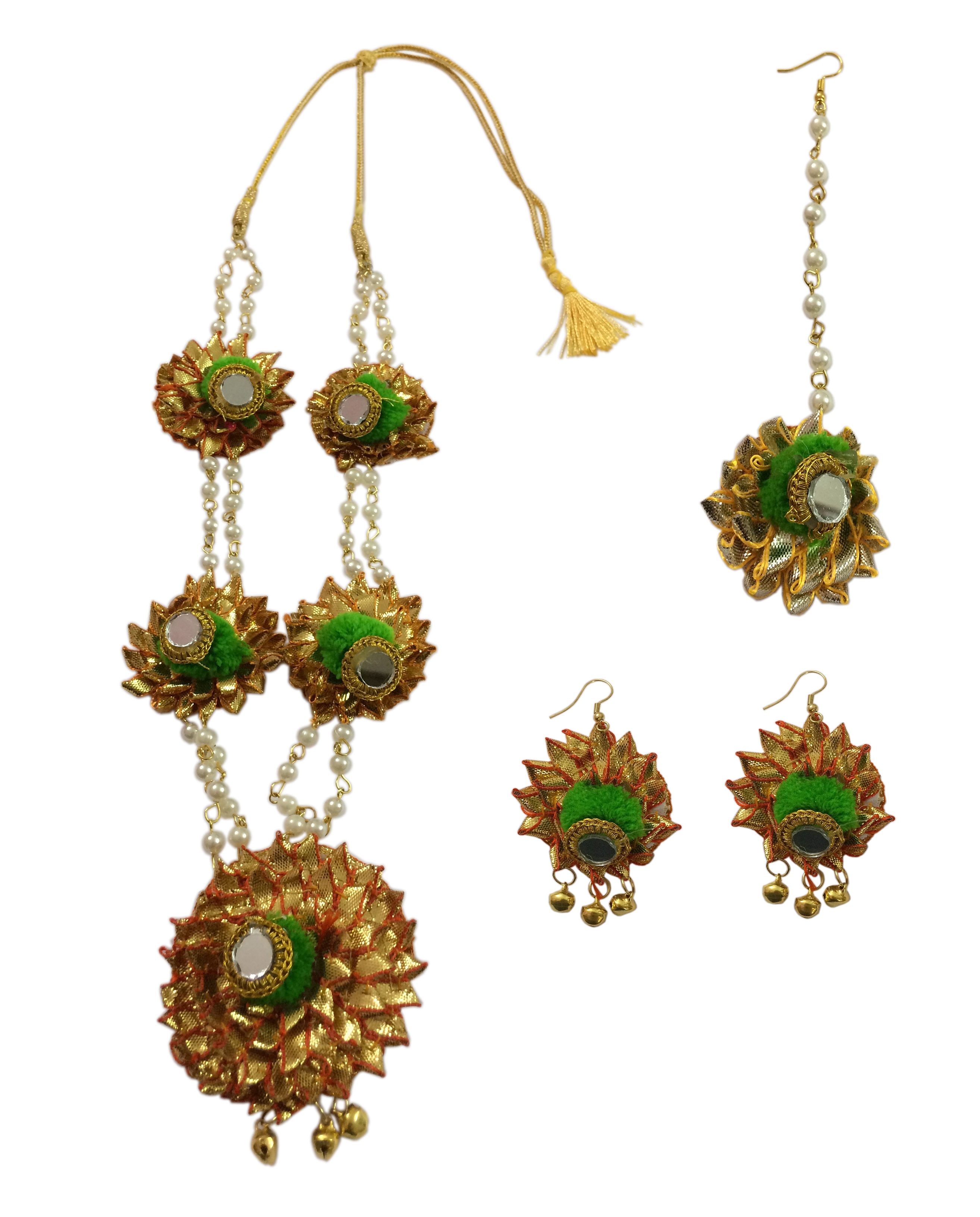 Gotta Patti Full Set {(1) Gotta patti Necklace (2) Gotta patti Ear Ring (3) )Mang Tikka }
Occasion: Mehendi, Pre-Wedding Pooja, Wedding Day.
Light weight jewellery
Images Shown of actual product . There may be slight variation in the color & texture being hand crafted , & due to photographic effect.All items must be sold/purchased /returned altogether.