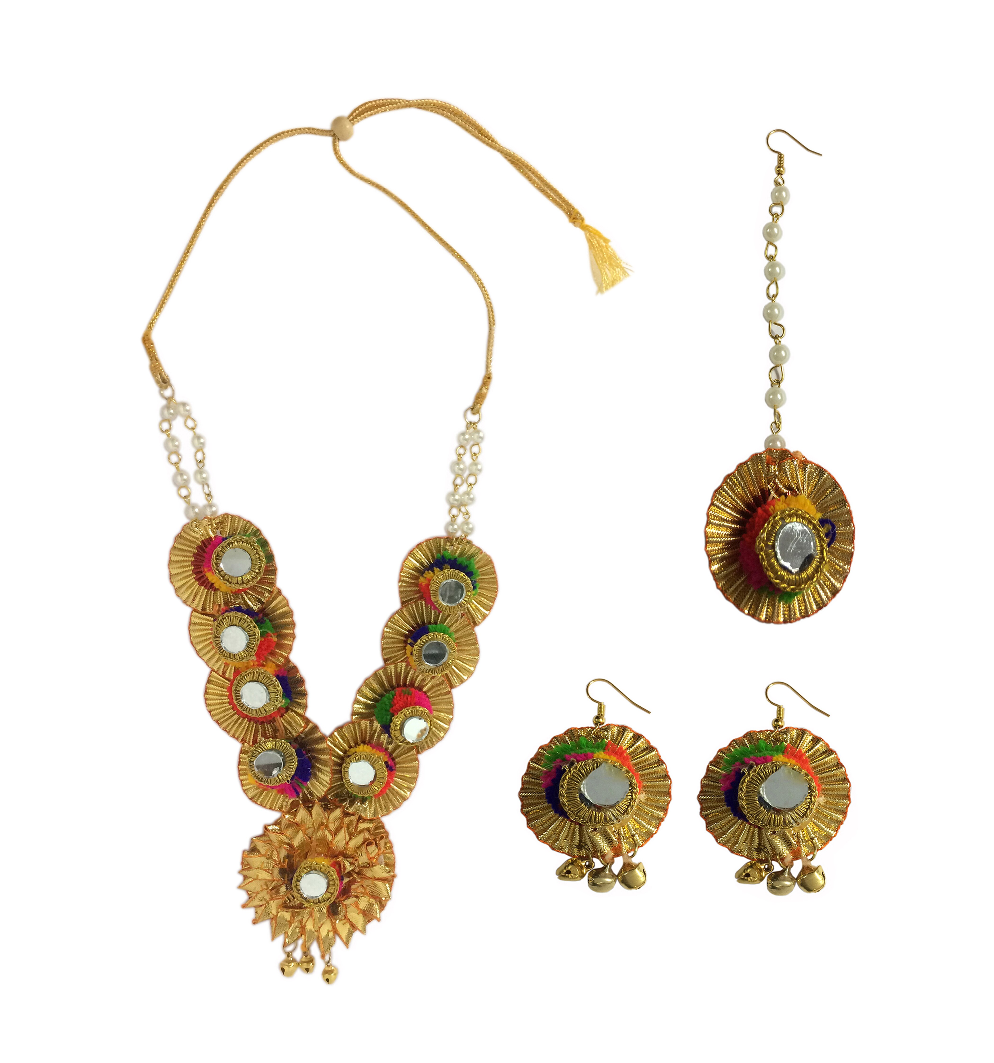 Gotta Patti Full Set {(1) Gotta patti Necklace (2) Gotta patti Ear Ring (3) )Mang Tikka }
Occasion: Mehendi, Pre-Wedding Pooja, Wedding Day.
Light weight jewellery
Images Shown of actual product . There may be slight variation in the color & texture being hand crafted , & due to photographic effect.All items must be sold/purchased /returned altogether.