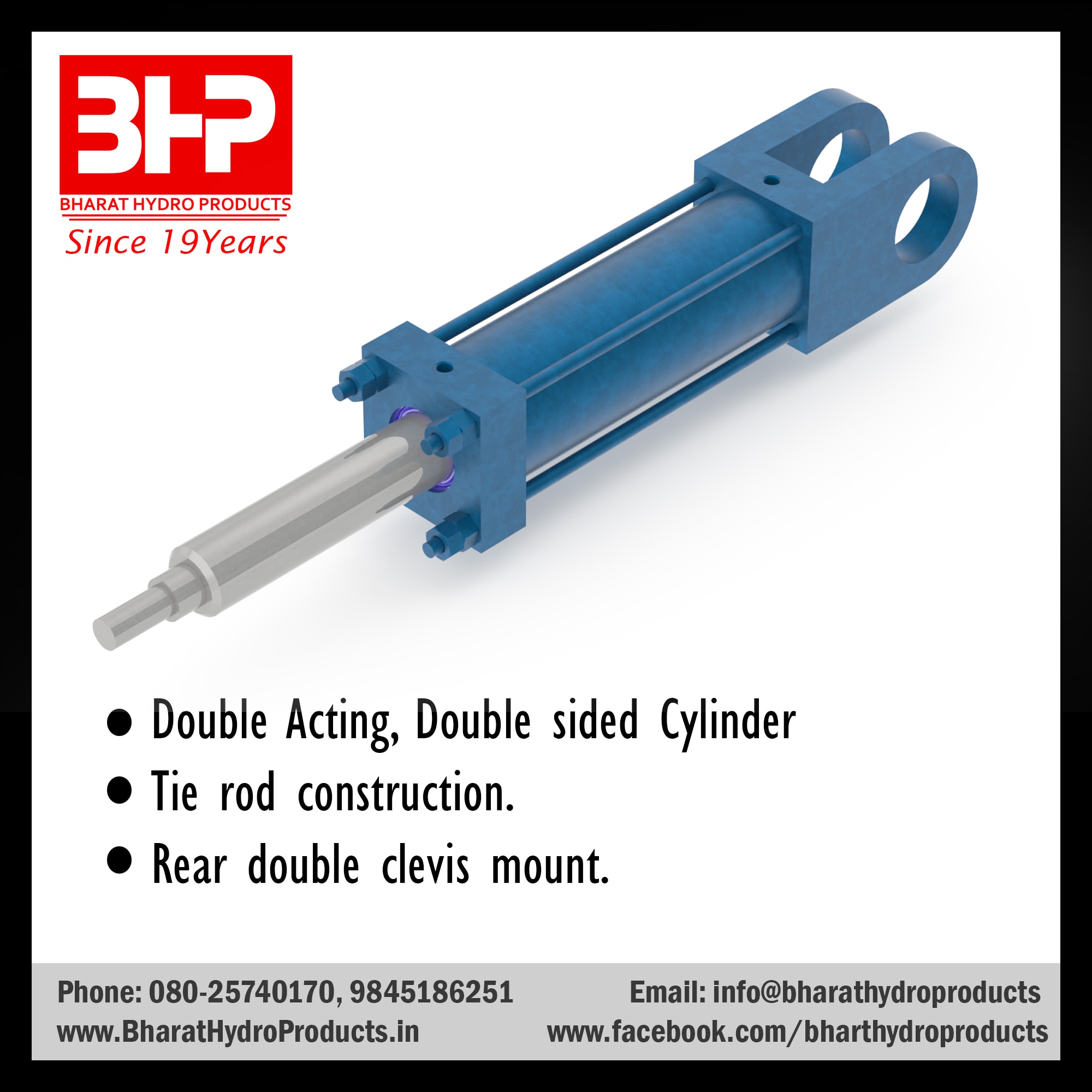 Double Acting, Double sided Cylinder manufacturer in Bangalore.
Tie rod construction cylinder manufacturer in Bangalore.
Rear double clevis mount cylinder manufacturer in Bangalore.