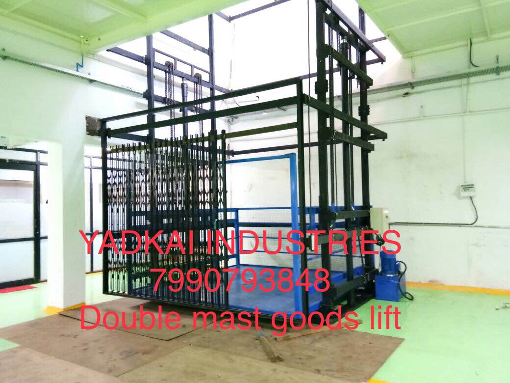 Hydraulic double mast goods lift , is with bigger platforms above 5x5ft . and having similar qualities like single mast ( hydraulic goods lift ) it is much more safe and with double side structure ( mast ) make it safest industrial , material , or goods lift .
Price may be change for different dimensions