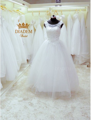 Beautiful Neck Designed Wedding Gown With Beads, Lace & Crystals