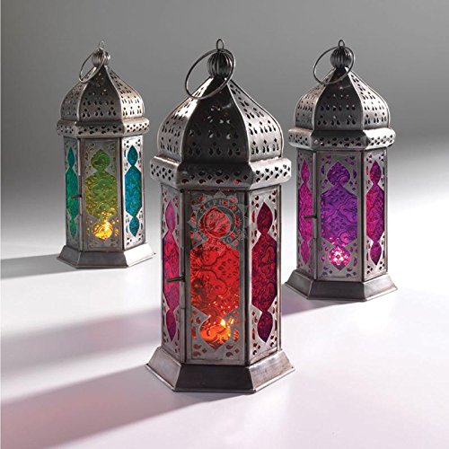 Make a wish on this beautiful glass moroccan lanterns. Simply add a candle to this lovely accent lantern to fill the area with an enchanting azure light. Beautifully fashioned from matte black metal and pressed glass for an artistic presentation.