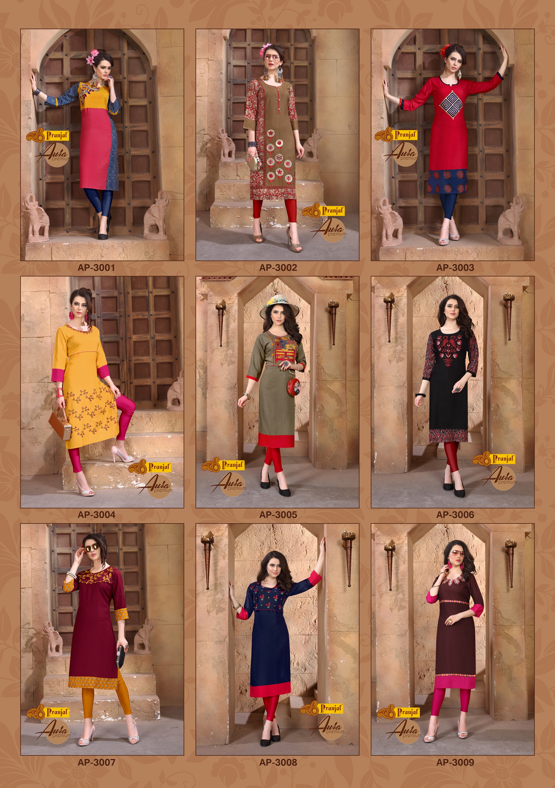 Pranjal Creations is happy to announce arrival of their new catalogue AURA PREMIUM Vol-3. This Kurtis are made of high quality Rayon Slub Fabric (14kg.). The straight Kurtis with embroidery work and mix and match combinations are looking very excellent. The 9 different color and style is very good looking. The Rayon Fabric is very much comfortable to the wearer. Over all the perfect combination of style and simplicity in these Kurtis.
For any trade inquiry contact: +91-9727751297