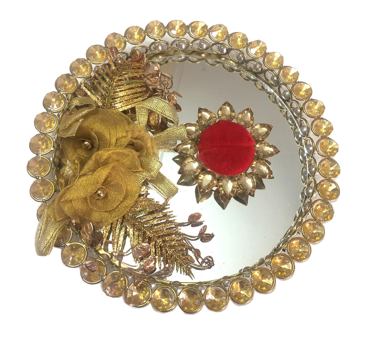 Platter Size: 8″ Diameter approx.
Colour: Golden
Material: Metal, Glass ,Fabric
Purpose: Wedding/Engagement Ring display .
Note: Image shown above is Indicative only, Color may differ from the picture shown (Features will remain same or More)