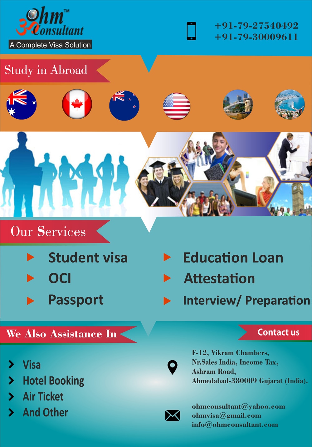 Study Abroad in USA, Canada, Australia, NZ, UK, Europe, Singapore, etc.. Also contact for Visitors, PR, OCI, Visa Interview Preparation, Education Loan and Passport Services..