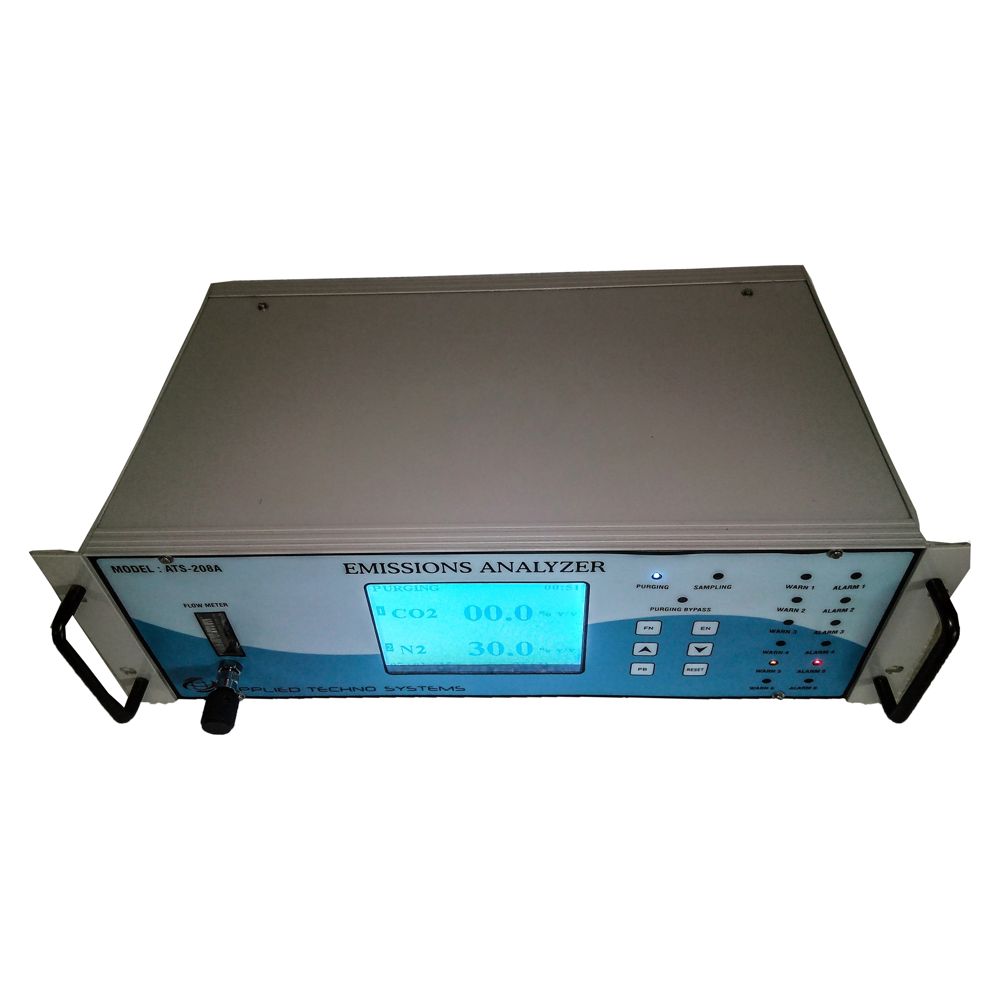 Continuous Emissions Analyzer Model ATS-208AFeatures· Micro controller based embedded intelligent instruments· Continuous Monitoring of CO2 ,CH4, CO, O2, SO2, NOX (NO NO2), H2, H2S, N2· Duel wavelength Infra red sensor for Long terms accuracy and stability· Long Life Electrochemical sensor· Six Gas Analysis in Single Analyser· Multi Parameter Single 320 X 240 Graphics LCD Display· Self diagnostic Self integrity check· RS 232/RS 485 and USB Computer Interface· Excellent low level capability for NOX and SO2 Measurement· For most of the application sample gas is cooled and dried inside the sampling conditioning systems to avoid the Heated Sample Line.· Analog 4-20mA output for each gas· Software solutions for Gas Analysis· Web Based Real time data transfer with GSM/GPRS TechnologyModel ATS- 208A Emission Analyzer continuously monitors the concentration of gases ranging from 100%V/V down to PPM level. Feature includes a duel wavelength sensor, Remote Sampling, Graphics LCD Display, adjustable level relay output for alarm and 4-20mA output for control purpose and minimal maintenance.Special gas sample Conditioning systems are used to clean and dry the gas sample for accurate and High performance operation. An Internal Pump draw gas sample into the sensor through a dust particle filter from an intake which can be located at distance up to 40 meter form the monitor.The Sensor and Electronic component are housed in tough aluminium housingSpecifications:Principle: Electrochemical, TCD (Thermal Conductivity) , NDIR (Non Dispersive Infrared ), Zirconium and ParamagneticRange: %V/V, % LEL, PPM, Mg/M3Resolution: 0.1 Unit or 1 Unit (Application based)Sampling Method: Auto SuctionDisplay: 320 X 264 Graphic LCDAlarm; Relay Contact NO NCAnolog Out Put: 4-20mADigital Out Put : RS 232, RS 485 and Modbus Comminication ProtocolPower Source:230VACAccuracy: /2%Response Time:Sensor Life: 2-3 Years for Electrochemical 5 Year for NDIREnvironmental:Temperature:-15degree Celsius Humidity :< 85%RH Atmosphere Pressure: 86- 106Kpa