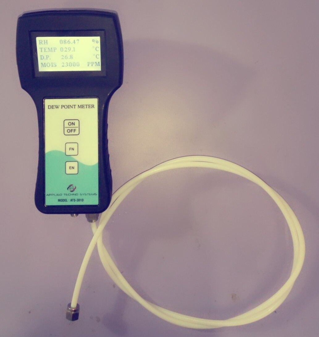 Applied Techno Systems Counted as one of the prominent organizations, we are engaged in providing a wide range of superior quality Dew Point Analyser. This analyser is manufactured using exceptional quality raw-material and advanced technology by our skilled professionals. It is designed to measures dew point, Moisture and temperature faster and accurately over a wide measurements range. In order to ensure quality, this analyser is stringently tested on different parameters by our experts. Apart from this, remarkable quality and sturdy structure increase the demand of our offered range in the market.Dew points indicate the amount moisture in the air. The higher the dew points, the higher the moisture content of the air at a given temperature. Dew point temperature is defined as the temperature to which the air would have to cool (at constant pressure and constant water vapor content) in order to reach saturation. A state of saturation exists when the air is holding the maximum amount of water vapor possible at the existing temperature and pressure.When the dew point temperature and air temperature are equal, the air is said to be saturated. Dew point temperature is NEVER GREATER than the air temperature. Therefore, if the air cools, moisture must be removed from the air and this is accomplished through condensation. This process results in the formation of tiny water droplets that can lead to the development of fog, frost, clouds, or even precipitation.Relative Humidity can be inferred from dew point values. When air temperature and dew point temperatures are very close, the air has a high relative humidity. The opposite is true when there is a large difference between air and dew point temperatures, which indicates air with lower relaitve humidity. Locations with high relative humidities indicate that the air is nearly saturated with moisture; clouds and precipitation are therefore quite possible. Weather conditions at locations with high dew point temperatures (65 or greater) are likely to be uncomfortably humid.Features: Rugged construction Unmatched performance Trouble-free operationOther Details: Robust Reliably Construction for Industrial Applications Micro controller based embedded intelligent instrument Multi Parameter Single 128 X 64 LCD Display Embedded software for moisture calculation in PPM Samples Pressure Upto 12 Kg/C2M Inbuilt Thin film Capacitive sensor Optional Auto Manual Data Logging systems RS 232/USB Computer InterfaceSpecification:Principle Thin Film CapacitiveRange Degree C, PPM % RHResolution0.1 Unit or 1 Unit (Application based)Sampling Method Direct Plug InDisplay128 X 64 Graphics LCDPower Source Built in Lithium Rechargeable batteryAccuracy/2%Response TimeData Storage5000 or 10000Computer Interface RS 232, USB Sensorperating Time6 – 8 hoursDimension in mm130 (W) X 250 (H) X 90(D)Weight0.5 KG Warranty One YearApplication: Dryer Compressed Air Laboratory Analysis Light bulb manufacturing Industrial gas manufacturing Heat treatment/Food Packaging Petrochemical / Petroleum industry