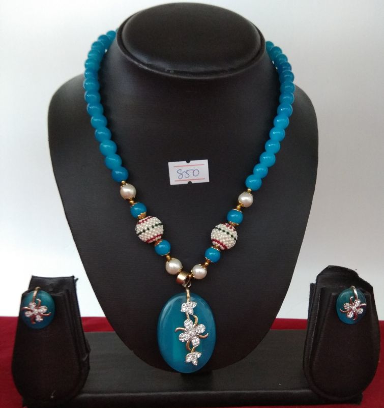 Blue beads & American diamond necklace set with earring