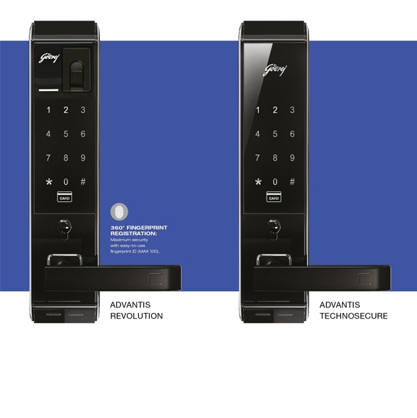 GODREJ ADVANTIS BIOMETRIC, RFID CARD, KEYPAD, MECHANICAL KEY LOCK REMOTE , COMPATIBILITY WITH ANY VIDEO DOOR PHONE. FOR WOODEN AND GLASS DOORS