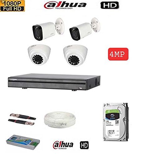 DAHUA XVR5104H-4M 4CH HD DVR 1Pcs,Dahua HAC-HDW1400R Dome camera 2Pcs, Dahua HAC-HFW1400R-VF-IRE6 Bullet camera 2Pcs. 1 TB Seagate/WD Purple Surveillance Hard Drive 1Pcs, CCTV Copper Cable 1 Bundle, Bnc 8 Pcs, Dc 4 Pcs, 4CH Power Supply DAHUA HAC-HDW1400R HD-CVI 4mpx1/3″ 4Megapixel CMOS 4MP (2560×1440) 25/30fps@4mpx OSD Menu, control over coaxial cable DWDR, Day/Night(ICR), AWB, AGC, BLC, 2DNR 2,8mm fixed lens Max. IR LEDslength 20m, Smart IR IP66, DC12V Max 30fps@4MP HD and SD output switchable 2.7-13.5mm vari-focal lens Max. IR length 60m, Smart IR IP67, DC12V. H.264+/H.264 dual-stream video compressionSupport HDCVI/AHD/TVI/CVBS/IP video inputs Max 6/ channels IP camera inputs, each channel up to 5MP; Max 24Mbps Incoming Bandwidth Smart Search and Intelligent Video System