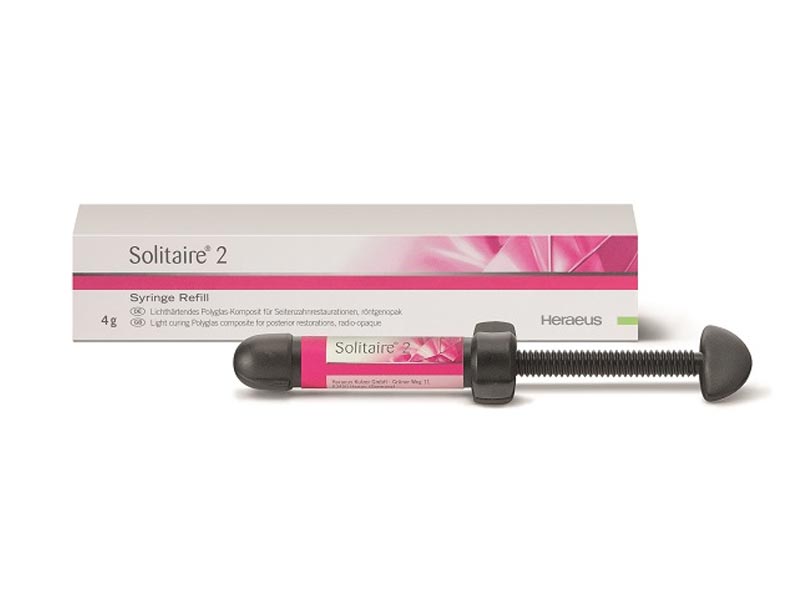 Direct posterior tooth restoration is often chosen as an alternative to complicated, indirect restorations. The packable, light-curing, radiopaque Polyglas composite Solitaire 2 has proven itself over many years for just this form of therapy.
Please Specify the Shades at Time of Order:
A2 , A3
Benefits:
Outstanding packability
Superb modelling properties – no sticking to the instrument
Excellent approximal contact point formation
Extremely resistant to mastication, excellent abrasion values