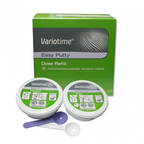 Variotime combines outstanding performance and features with more than 25 years of Heraeus Kulzer in VPS precision impression materials. It comes with a variable time concept. Variotime controls the polymerisation kinetics by mouth temperature and sets rapidly after insertion into the mouth. The Variotime assortment is a well thought-out, coordinated all-round system for all impression techniques.
Specification:-
Adaptable Handling Automatic Mixing
Convenient Time Saving
Benefits:-
Variotime controls the polymerisation kinetics by mouth temperature and sets rapidly after insertion into the mouth.
The Variotime assortment is a well thought-out, coordinated all-round system for all impression techniques.
Features:-
Straightforward, adaptable handling: You get one material with variable applications – for single crowns as well as multi-unit prosthetic restorations.
Automatic mixing: With the Dynamix speed system you benefit from high-speed mixing and precise dispensing, also for Putty viscosities.
Convenient, time-saving working: You gain more leeway with starting the setting time. With Variotime you have a variable working time, ranging from 1:00 – 2:30 minutes, and an always short intraoral setting time of 2:30 minutes.