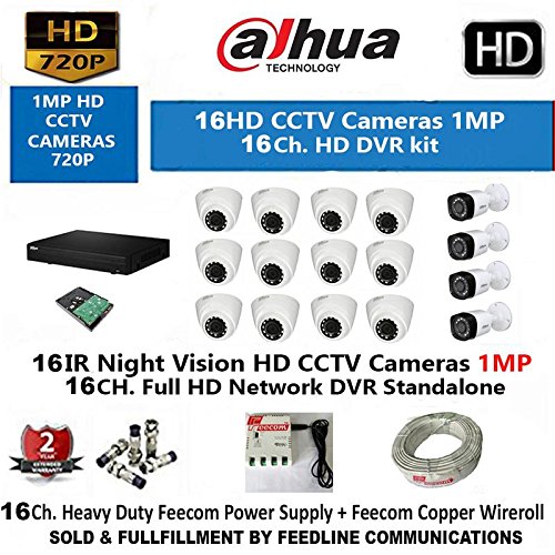 Dahua 16 Channel Hd- Dvr With 720P Realtime Preview + 12- Dahua Hd Ir 1Mp Dome Camera & 4 –BULLET 1-MP+ 3+1 Cctv Wire ROLL + 2-TB Hard Disk COMPLETE KIT( SOLD & FULLFILLMENT BY FEEDLINE COMMUNICATIONS TRUSTED BY AMAZON )