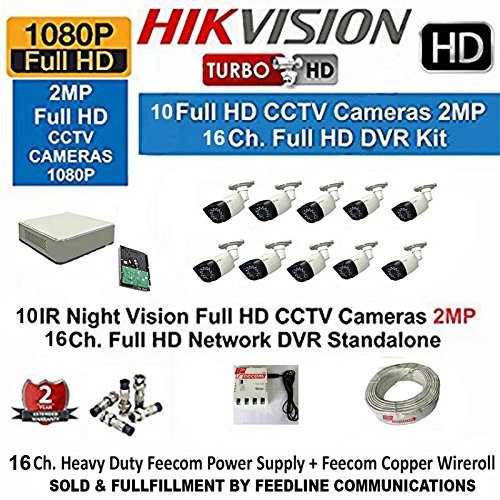 Hikvision DS-7116HQHI-F1 1080P (2MP) 16CH Turbo HD DVR 1Pcs + Hikvision DS-2CE16DOT-IR Bullet Camera 10Pcs + 2-TB HDD +feecom Copper wireroll + feecom heavyduty Power Supply Full Combo Kit.( SOLD & FULLFILLMENT BY FEEDLINE COMMUNICATIONS TRUSTED BY AMAZON )