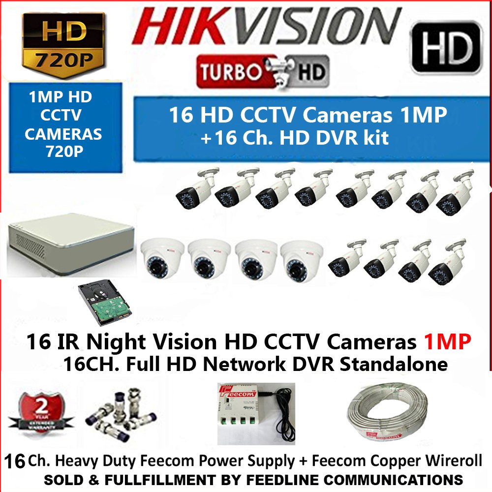 HIKVISION 16-CHANNEL HD 1-MP ( 720P ) DVR WITH 1-MP ( 720P ), 4-PC DOME CAMERA 1MP & 12-PC BULLET CAMERA 1MP WITH NIGHT VISION/ 2 TB HDD,,, WIRE ROOL 3+1 , BNC DC POWER SUPPLY,,