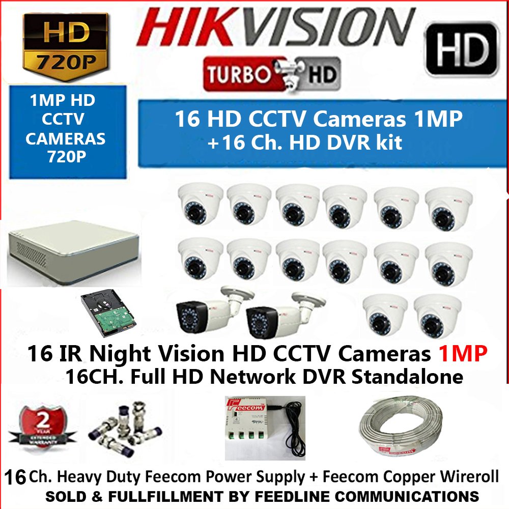 HIKVISION 16-Channel HD 1-MP (720P) DVR with 1-MP (720P), 14-PC Dome Camera 1MP & 2-PC Bullet Camera 1MP with Night Vision / 2 TB HDD, WIRE ROOL 3+1 ,, BNCV+DC .. POWER SUPPLY/